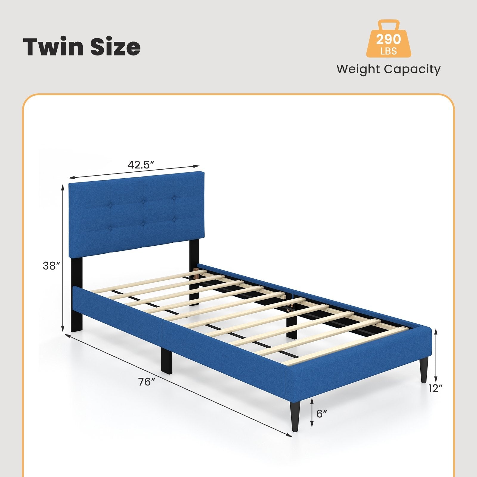 Twin Size Upholstered Platform Bed with Button Tufted Headboard, Blue Simple Bed Frame   at Gallery Canada