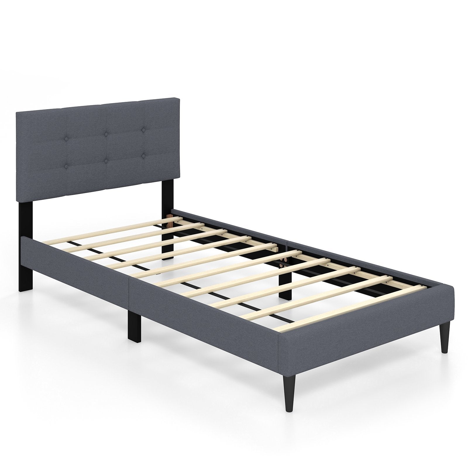 Twin Size Upholstered Platform Bed with Button Tufted Headboard, Gray Simple Bed Frame   at Gallery Canada