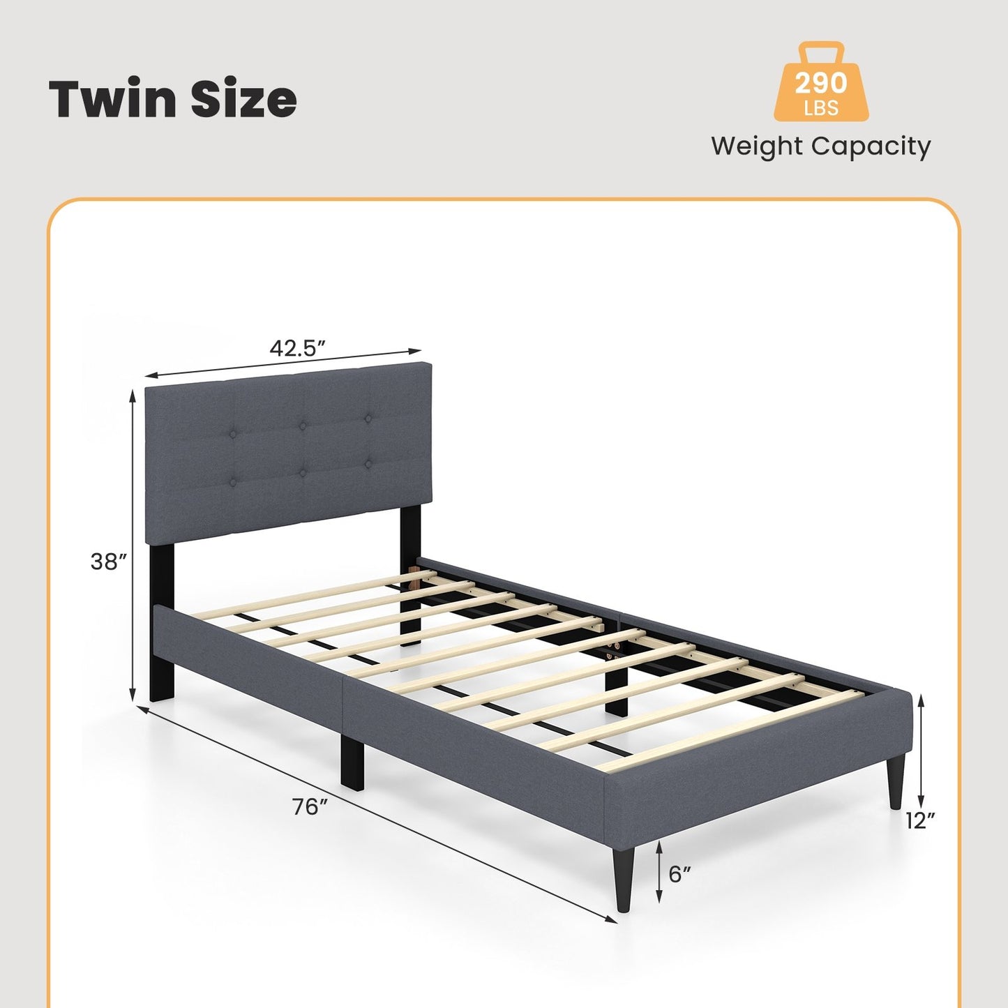 Twin Size Upholstered Platform Bed with Button Tufted Headboard, Gray Simple Bed Frame   at Gallery Canada