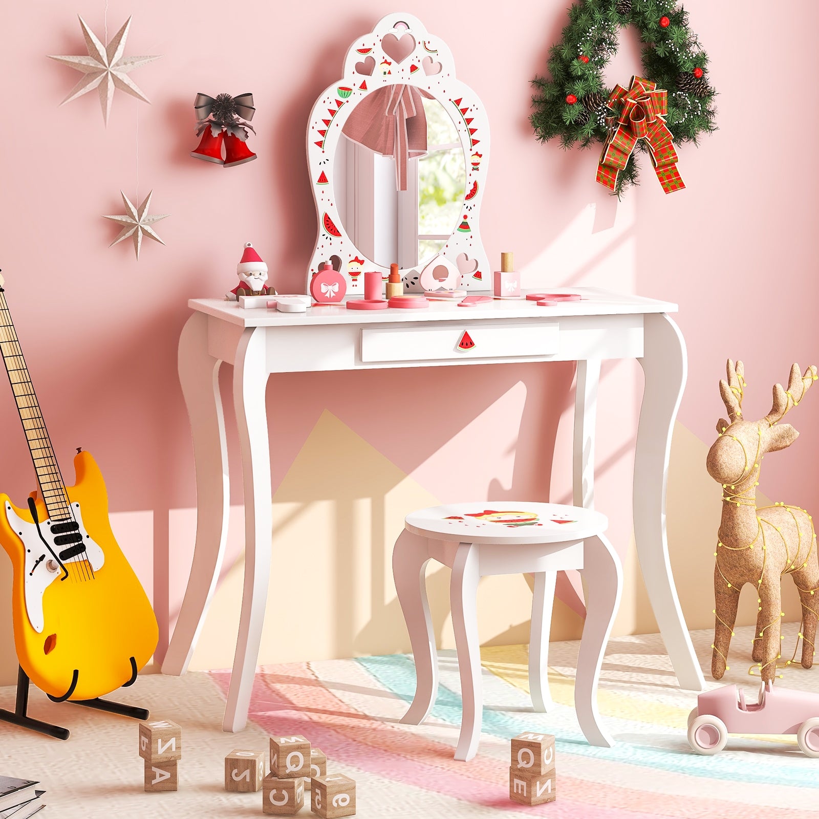 2 in 1 Children Pretend Makeup Vanity Set with Removable Mirror and Storage Drawer, White Kids Vanities at Gallery Canada