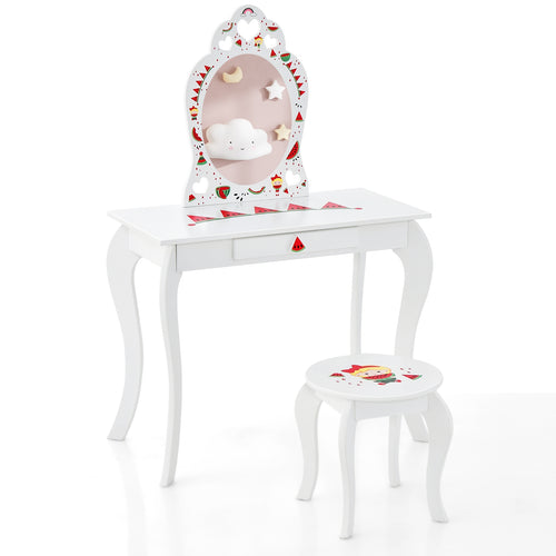 2 in 1 Children Pretend Makeup Vanity Set with Removable Mirror and Storage Drawer, White