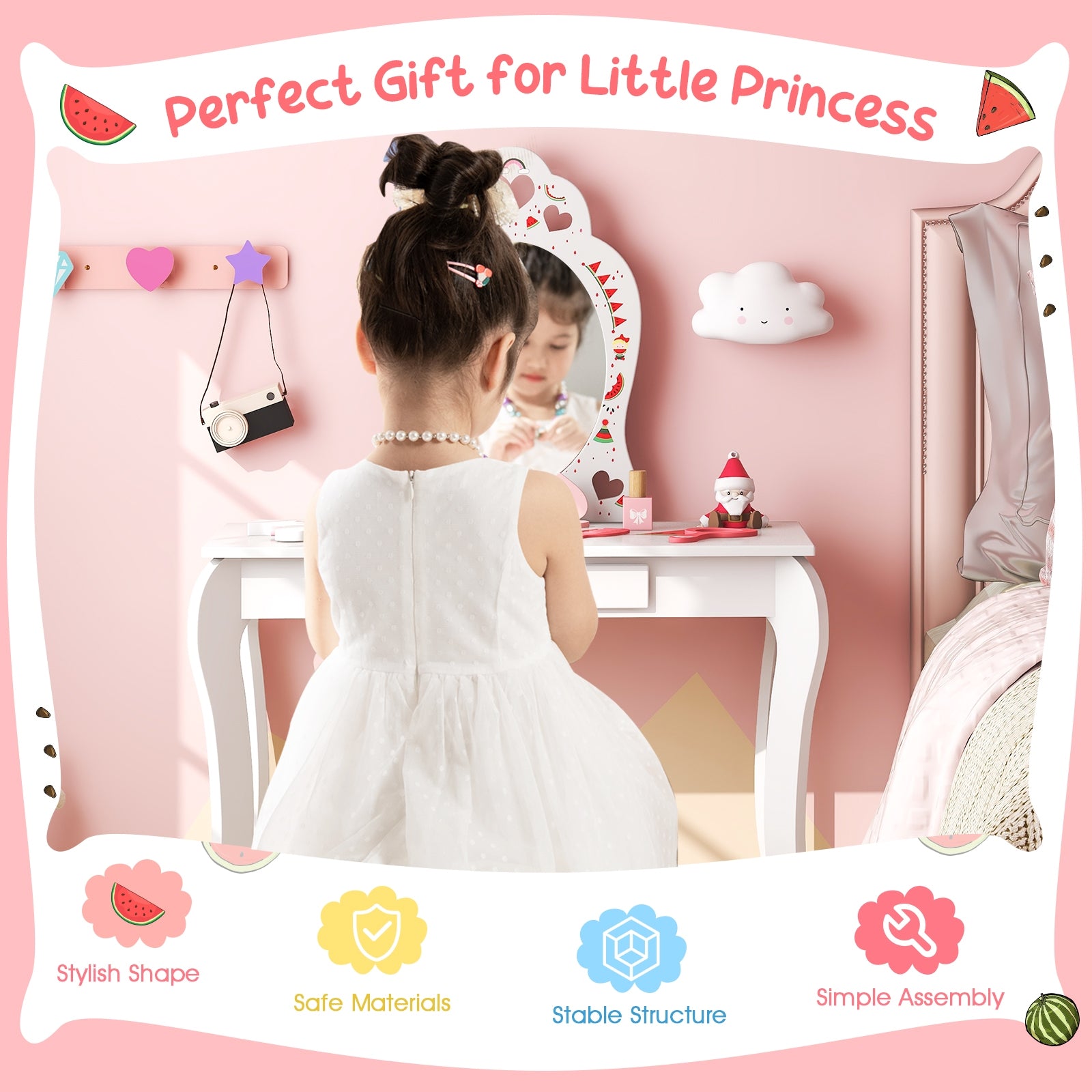 2 in 1 Children Pretend Makeup Vanity Set with Removable Mirror and Storage Drawer, White Kids Vanities at Gallery Canada