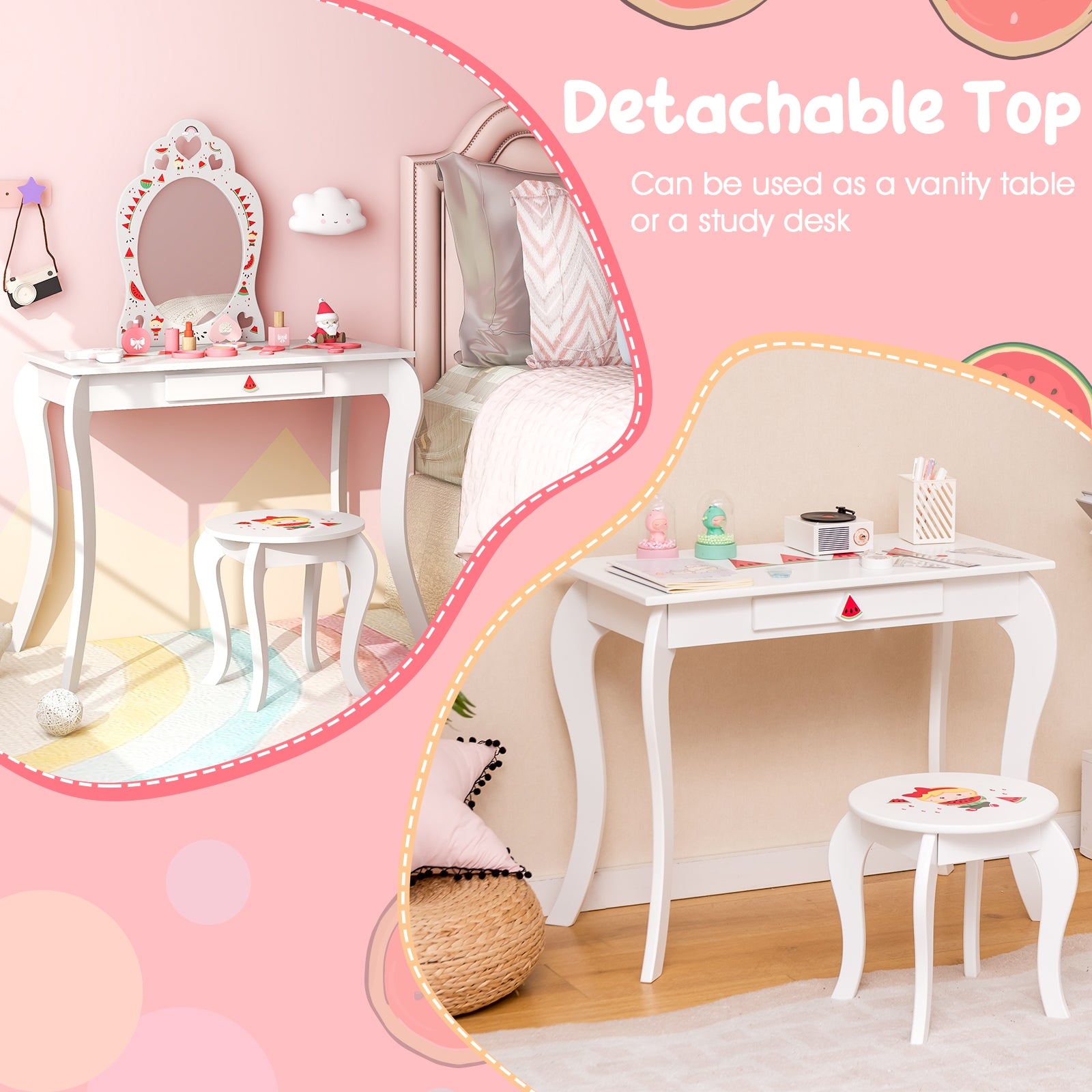 2 in 1 Children Pretend Makeup Vanity Set with Removable Mirror and Storage Drawer, White Kids Vanities at Gallery Canada