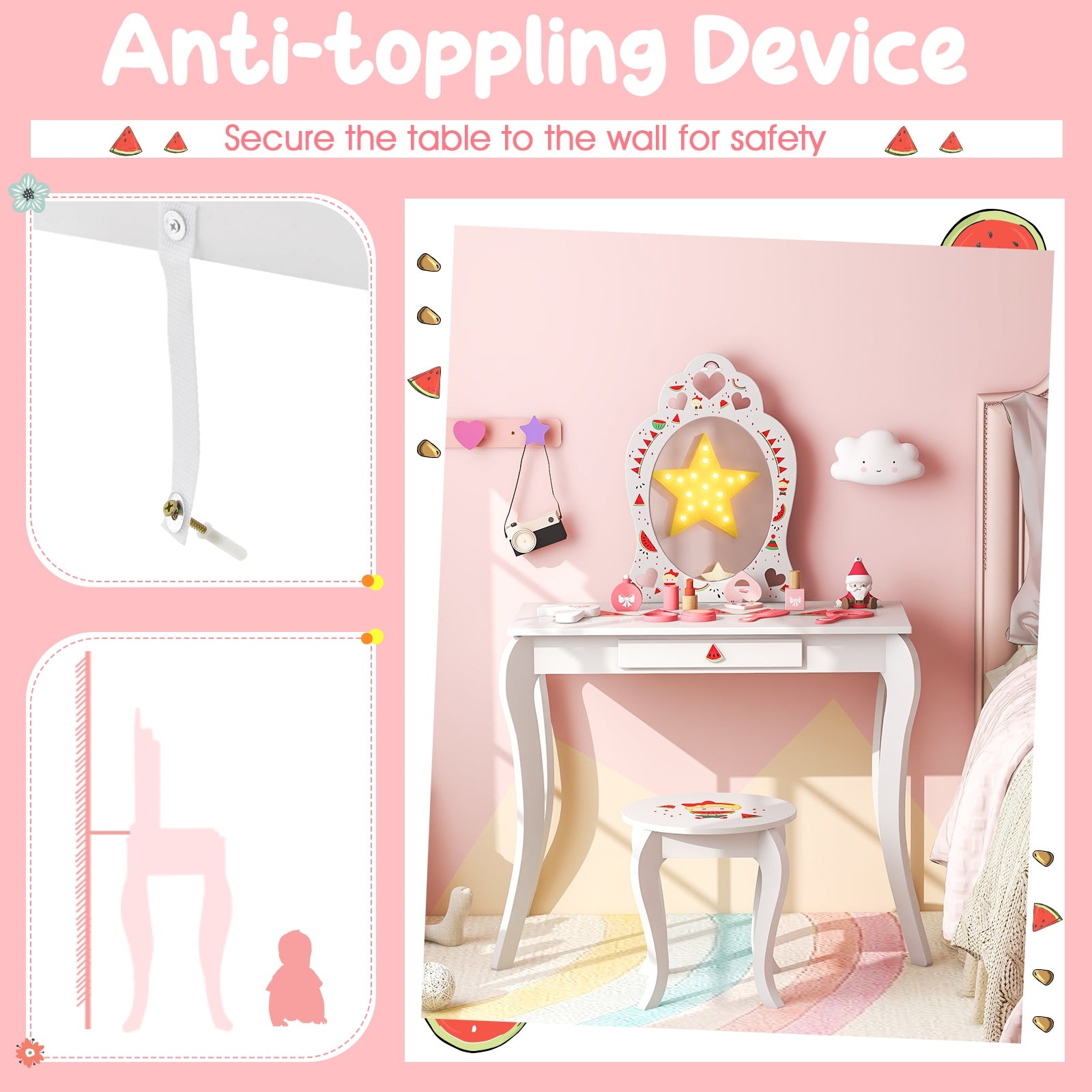 2 in 1 Children Pretend Makeup Vanity Set with Removable Mirror and Storage Drawer, White Kids Vanities at Gallery Canada