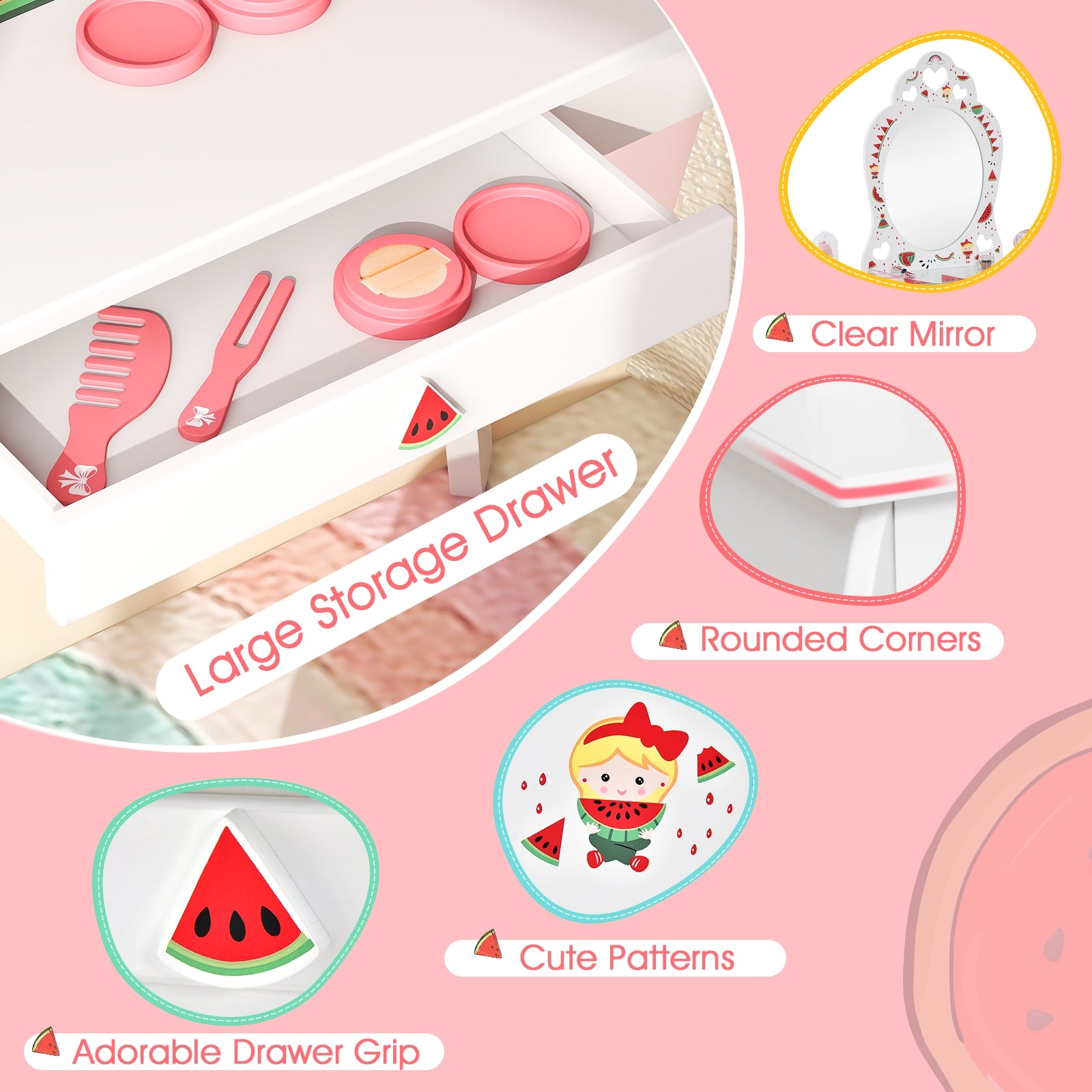 2 in 1 Children Pretend Makeup Vanity Set with Removable Mirror and Storage Drawer, White Kids Vanities at Gallery Canada