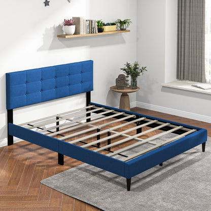 Queen Size Upholstered Platform Bed with Button Tufted Headboard, Blue Simple Bed Frame   at Gallery Canada