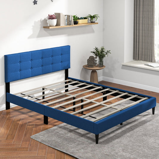 Queen Size Upholstered Platform Bed with Button Tufted Headboard, Blue Simple Bed Frame   at Gallery Canada