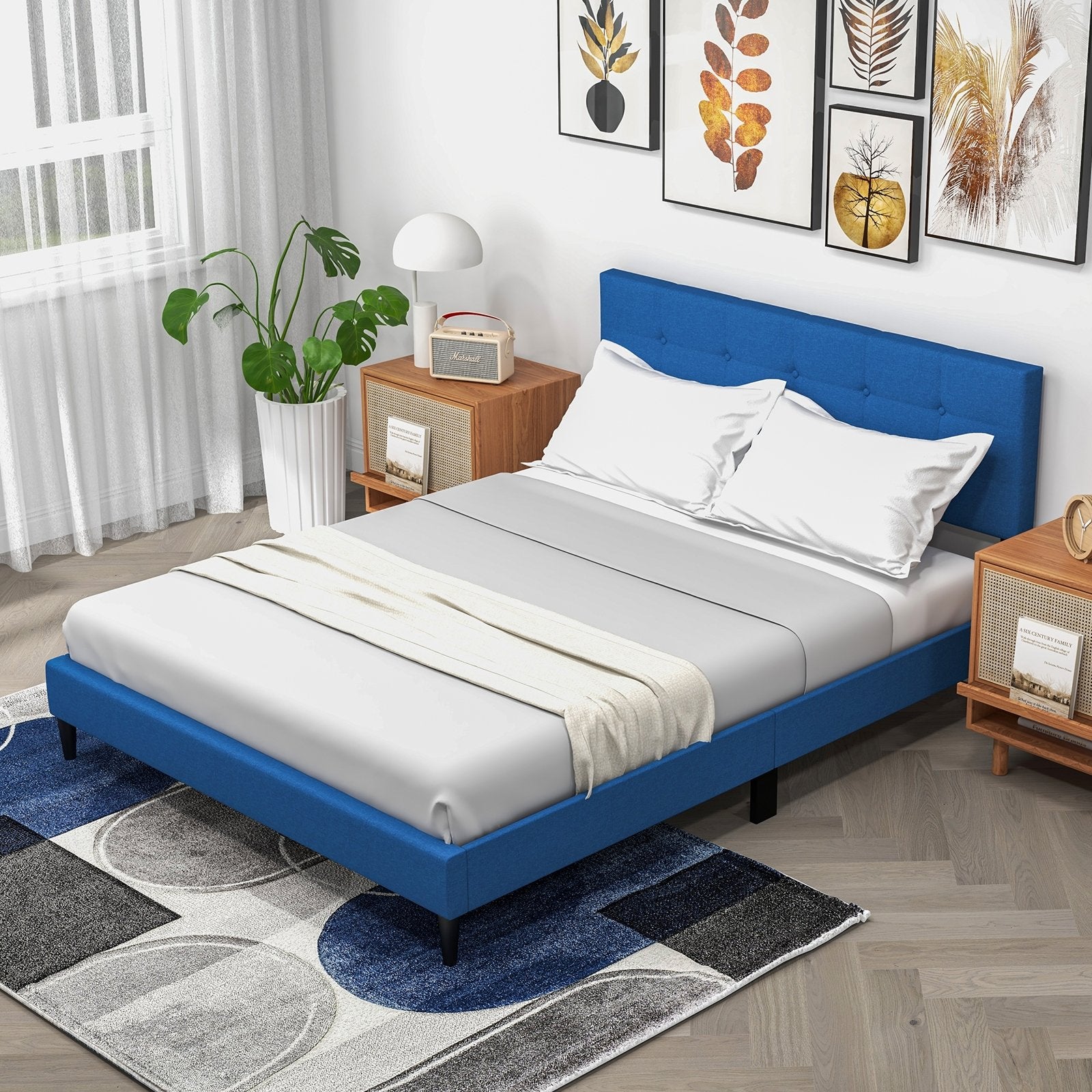 Queen Size Upholstered Platform Bed with Button Tufted Headboard, Blue Simple Bed Frame   at Gallery Canada