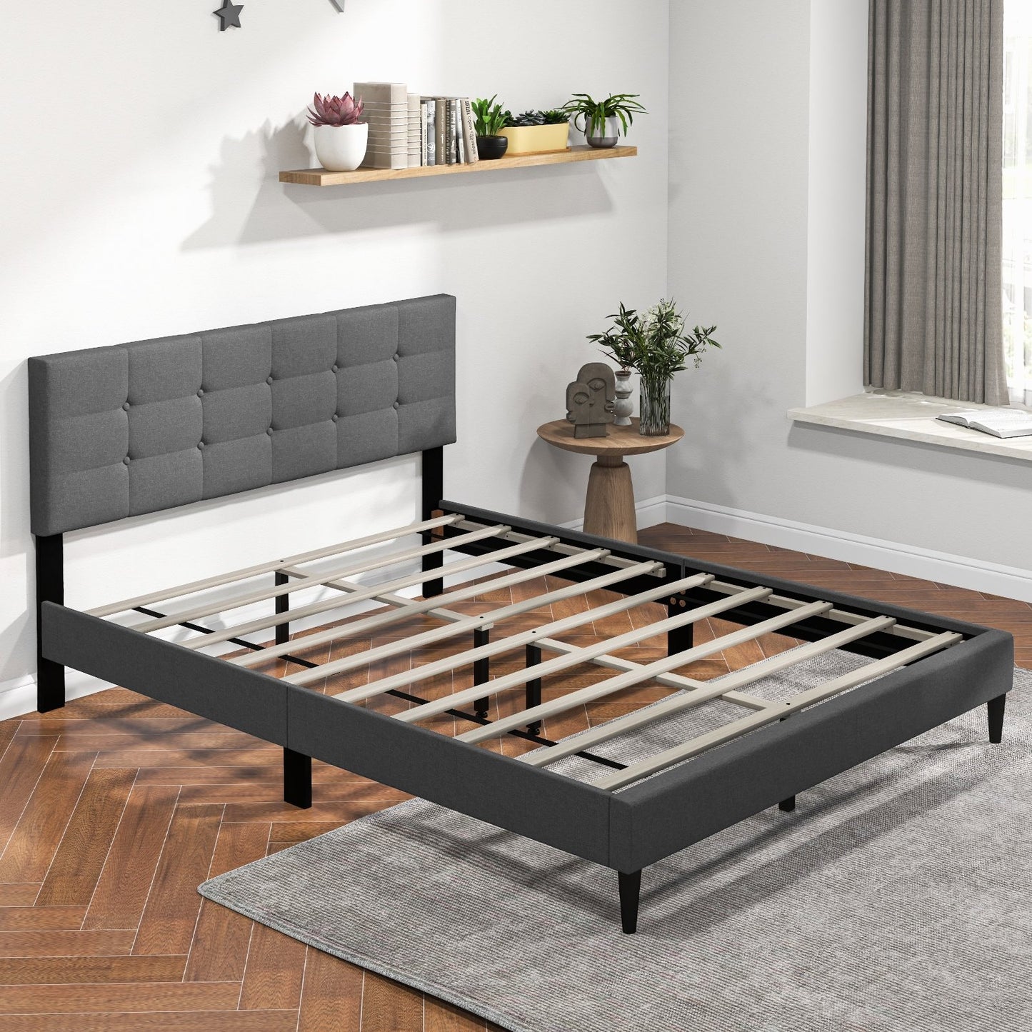 Queen Size Upholstered Platform Bed with Button Tufted Headboard, Gray Simple Bed Frame   at Gallery Canada