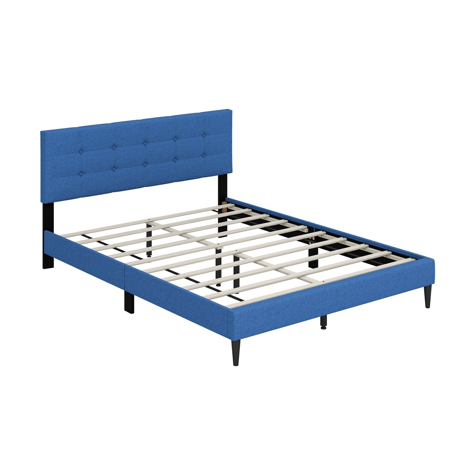 Queen Size Upholstered Platform Bed with Button Tufted Headboard, Blue Simple Bed Frame   at Gallery Canada