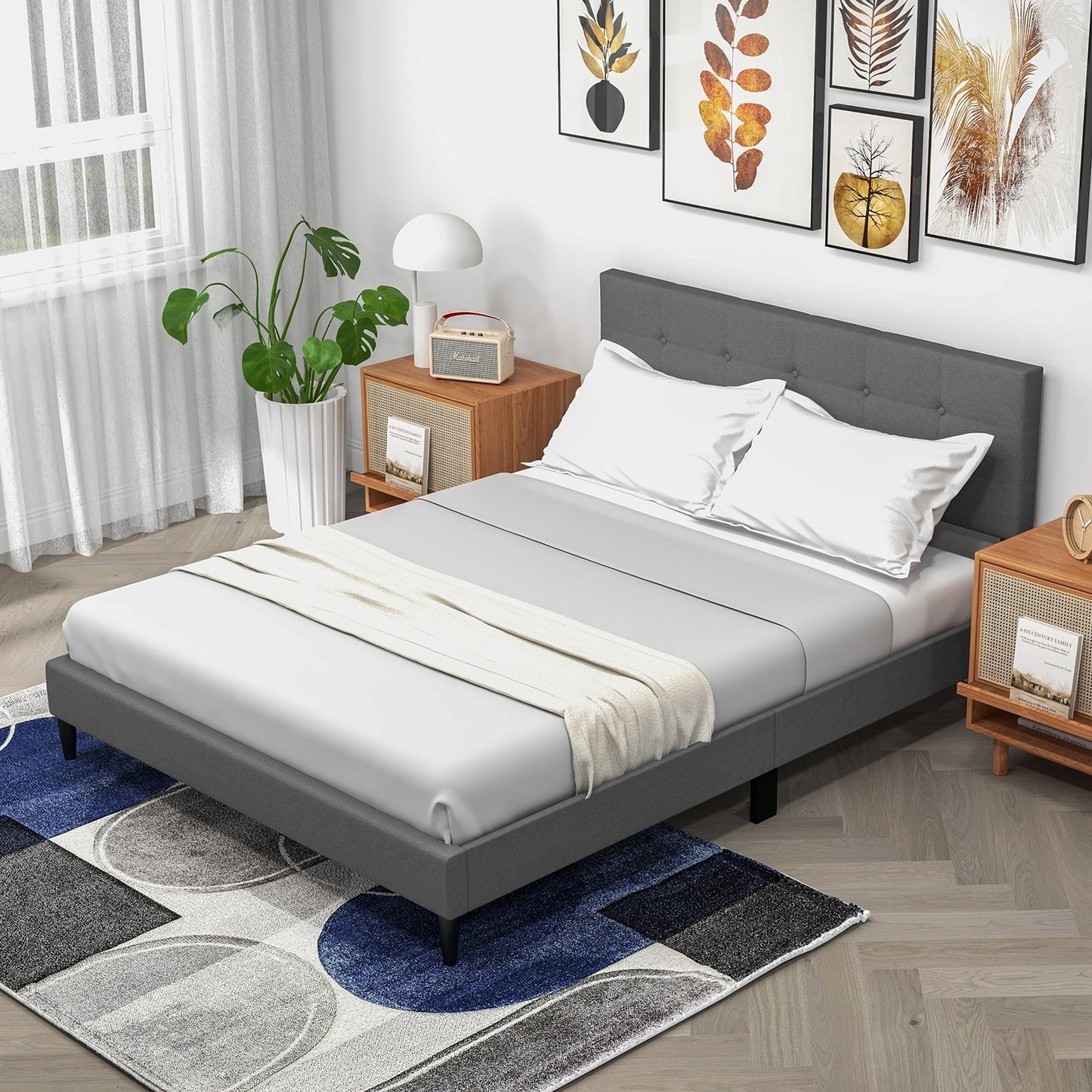 Queen Size Upholstered Platform Bed with Button Tufted Headboard, Gray Simple Bed Frame   at Gallery Canada