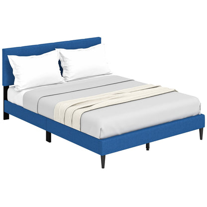 Queen Size Upholstered Platform Bed with Button Tufted Headboard, Blue Simple Bed Frame   at Gallery Canada