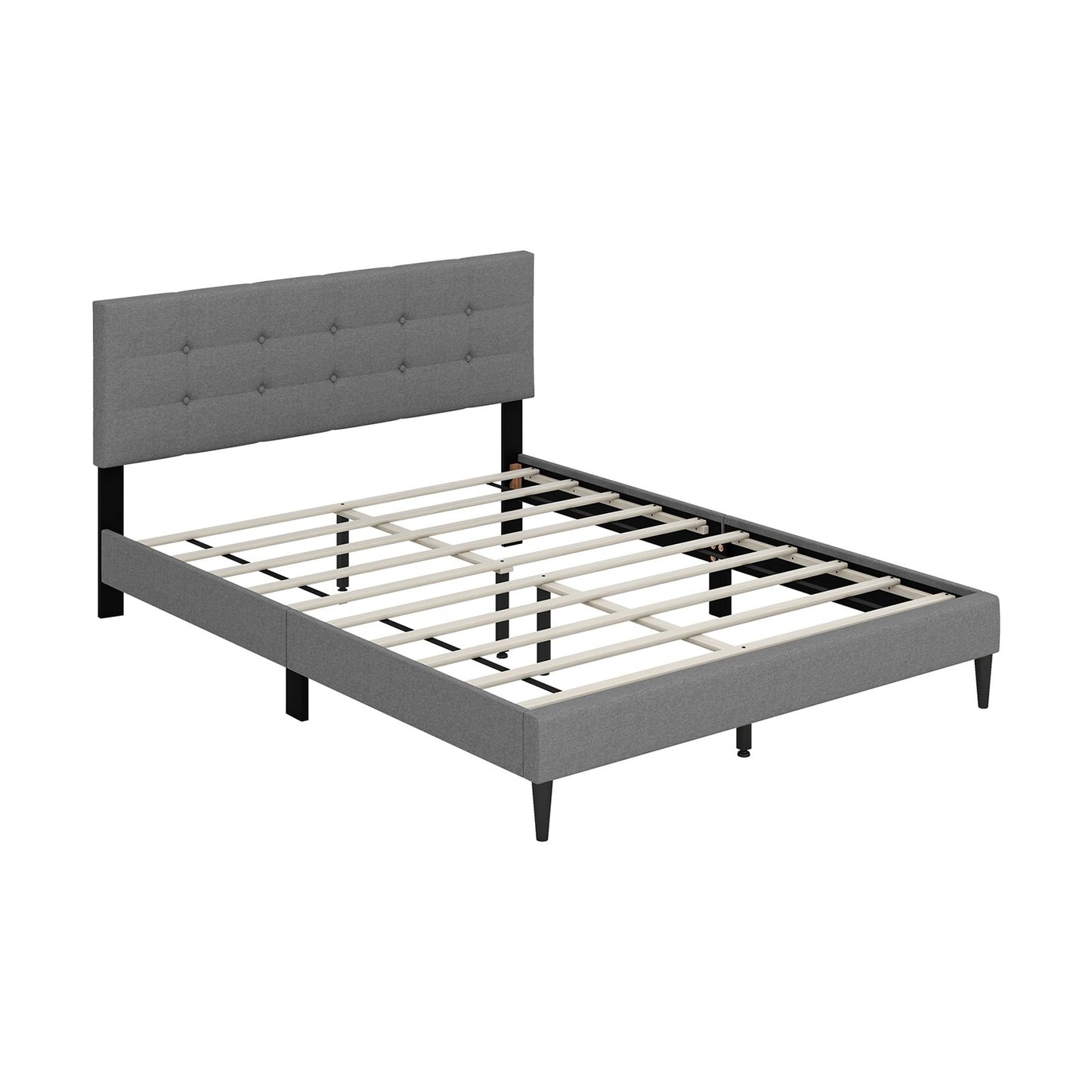 Queen Size Upholstered Platform Bed with Button Tufted Headboard, Gray Simple Bed Frame   at Gallery Canada