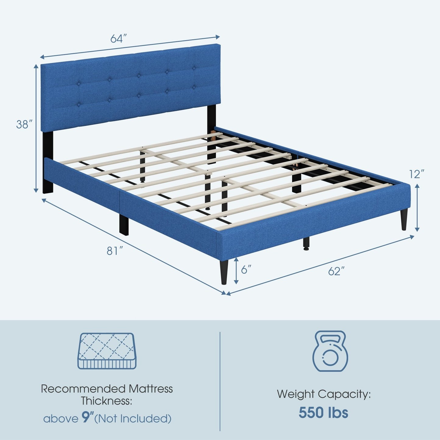 Queen Size Upholstered Platform Bed with Button Tufted Headboard, Blue Simple Bed Frame   at Gallery Canada