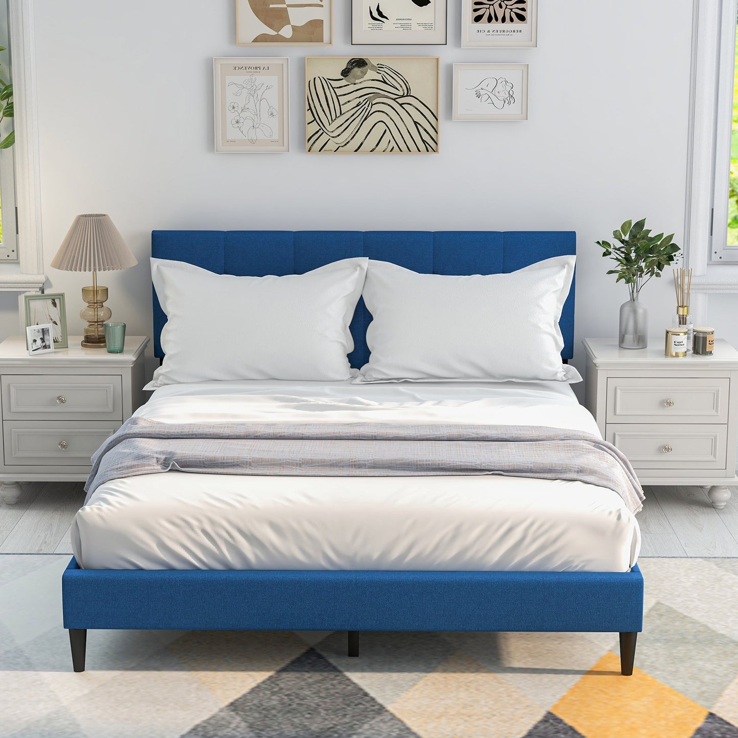 Queen Size Upholstered Platform Bed with Button Tufted Headboard, Blue Simple Bed Frame   at Gallery Canada