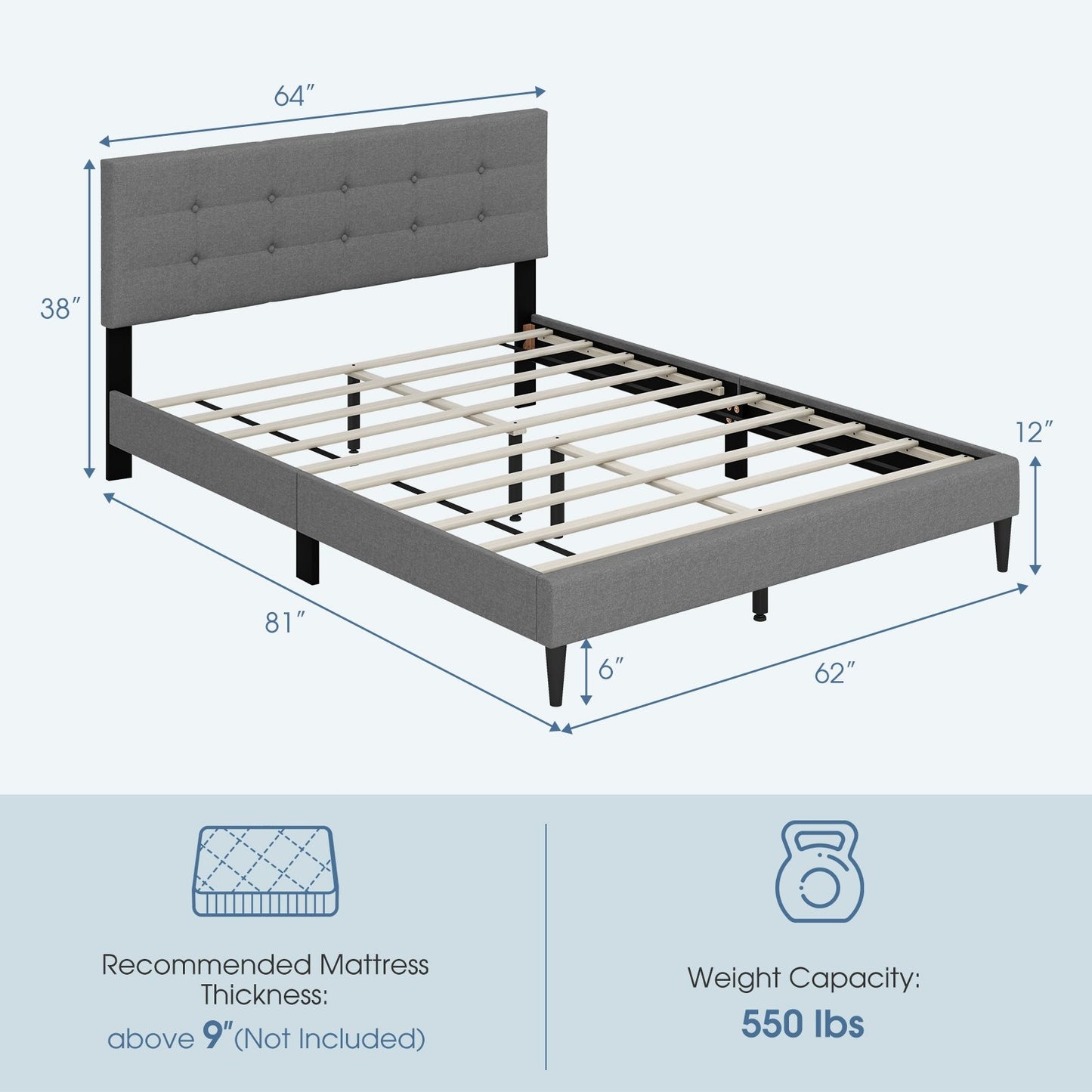 Queen Size Upholstered Platform Bed with Button Tufted Headboard, Gray Simple Bed Frame   at Gallery Canada