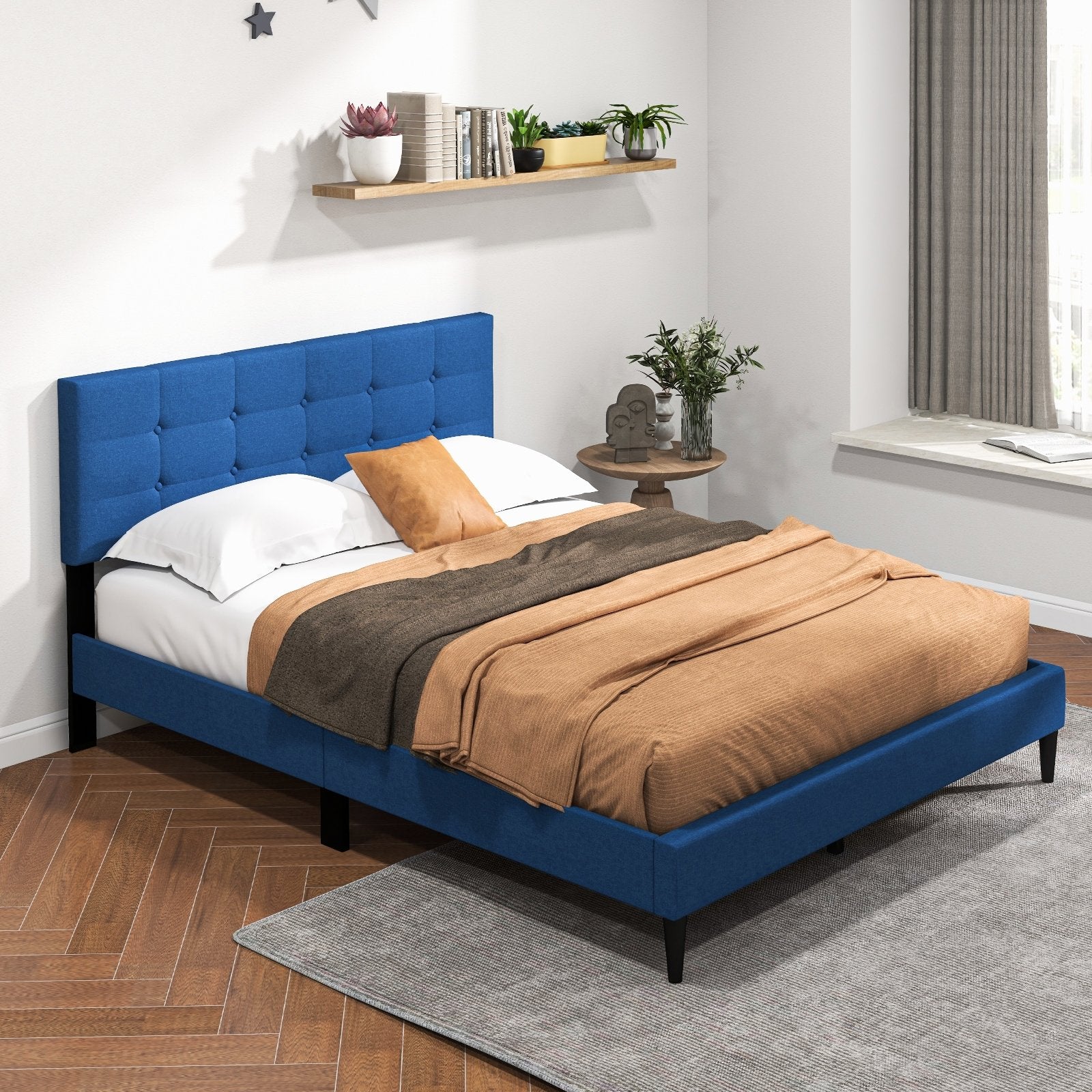 Queen Size Upholstered Platform Bed with Button Tufted Headboard, Blue Simple Bed Frame   at Gallery Canada