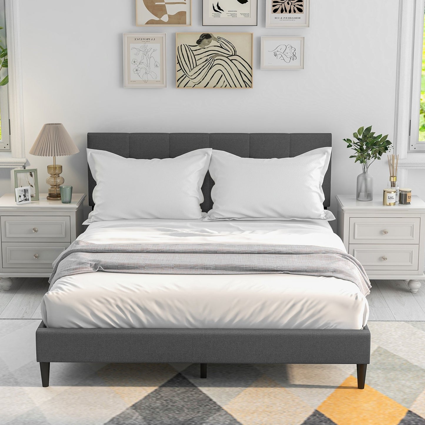 Queen Size Upholstered Platform Bed with Button Tufted Headboard, Gray Simple Bed Frame   at Gallery Canada