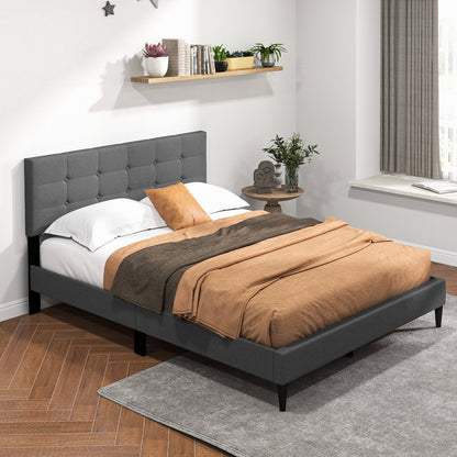 Queen Size Upholstered Platform Bed with Button Tufted Headboard, Gray Simple Bed Frame   at Gallery Canada