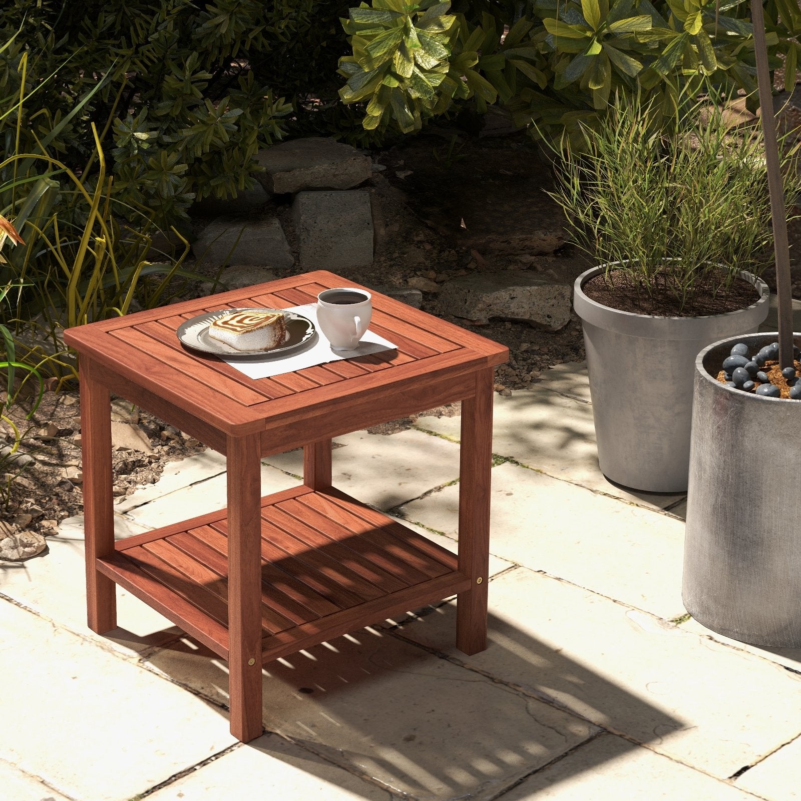 Double-Tier Acacia Wood Patio Side Table with Slatted Tabletop and Shelf, Natural Patio Coffee Tables   at Gallery Canada