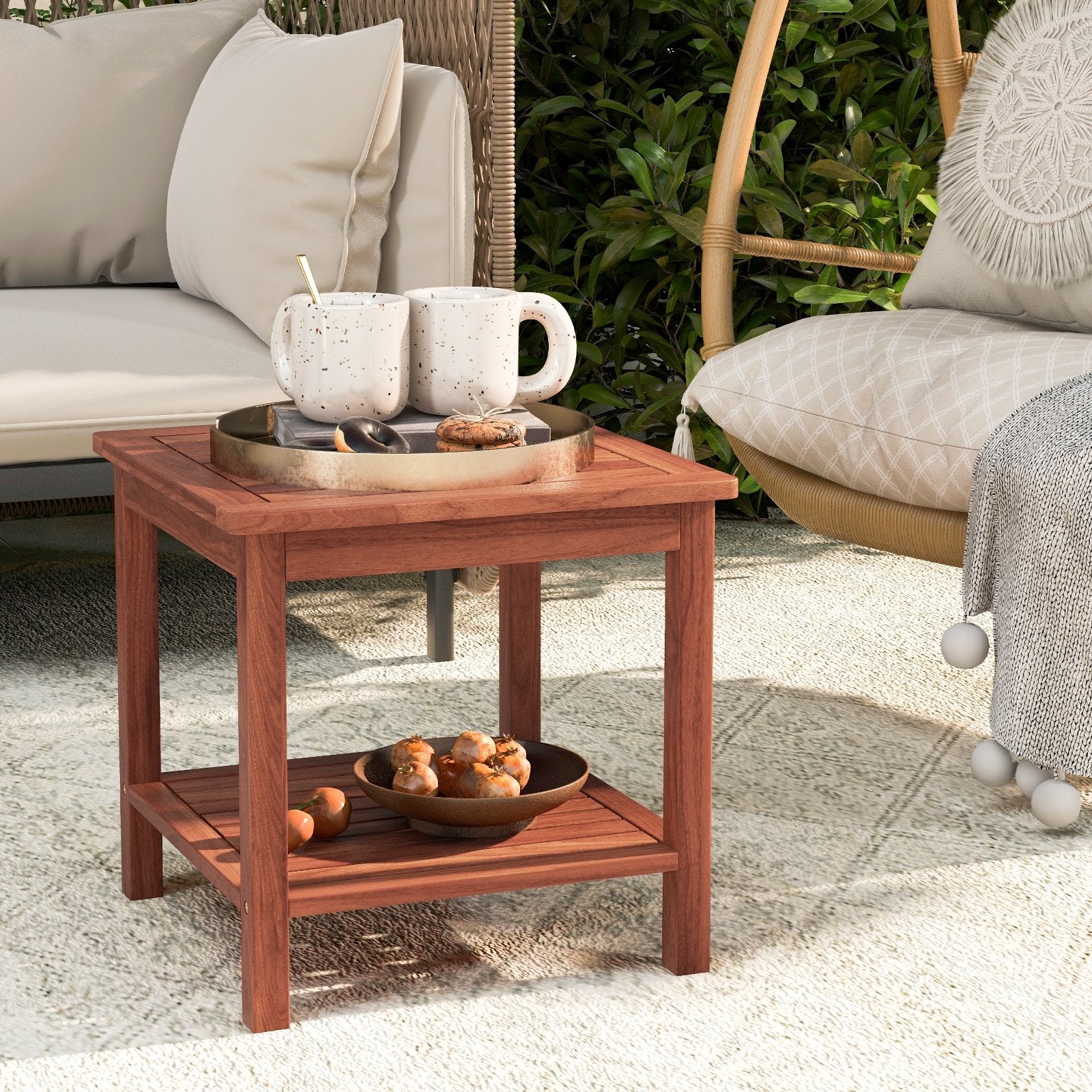 Double-Tier Acacia Wood Patio Side Table with Slatted Tabletop and Shelf, Natural Patio Coffee Tables   at Gallery Canada