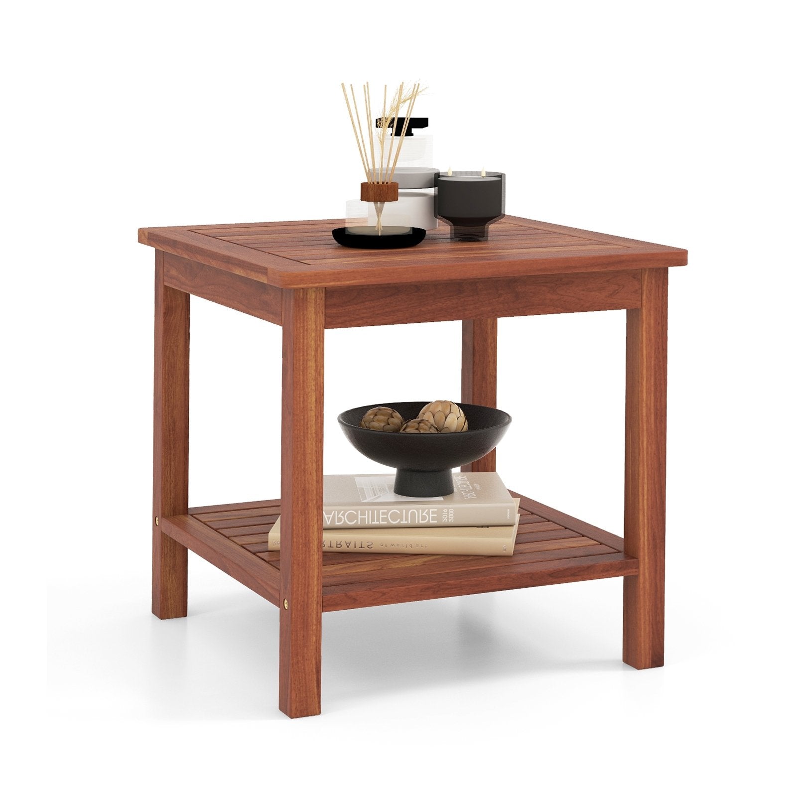 Double-Tier Acacia Wood Patio Side Table with Slatted Tabletop and Shelf, Natural Patio Coffee Tables   at Gallery Canada