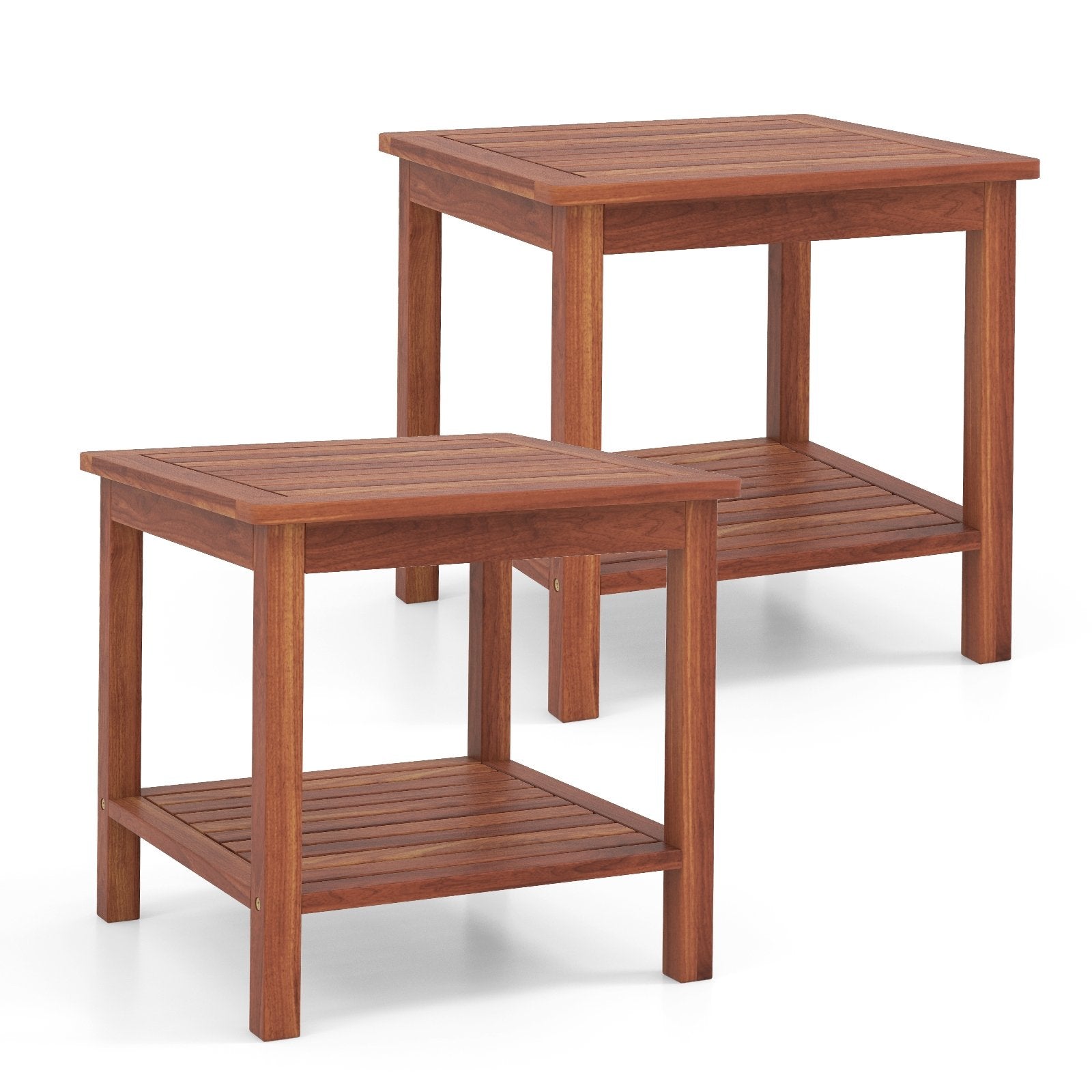 Double-Tier Acacia Wood Patio Side Table with Slatted Tabletop and Shelf, Natural Patio Coffee Tables   at Gallery Canada