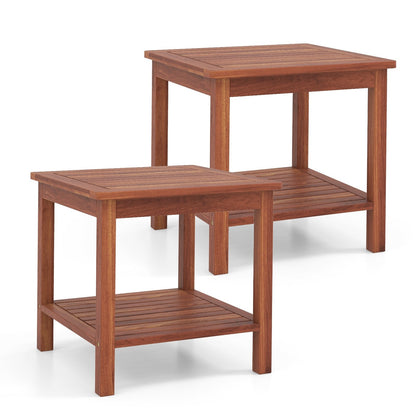 Double-Tier Acacia Wood Patio Side Table with Slatted Tabletop and Shelf, Natural Patio Coffee Tables   at Gallery Canada