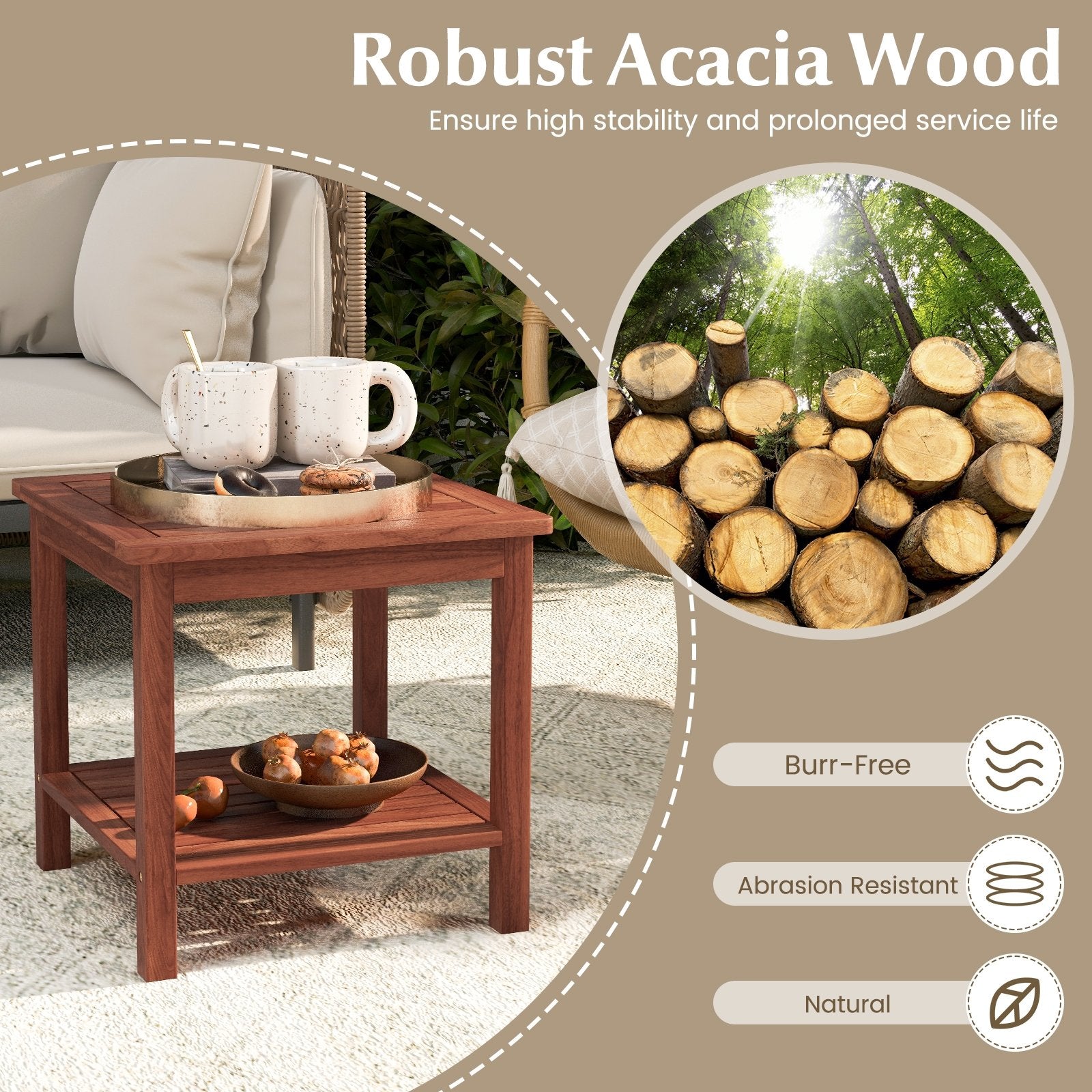 Double-Tier Acacia Wood Patio Side Table with Slatted Tabletop and Shelf, Natural Patio Coffee Tables   at Gallery Canada