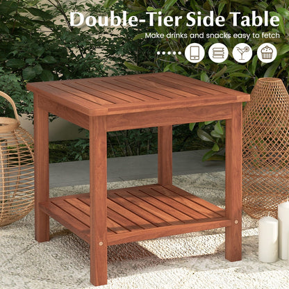 Double-Tier Acacia Wood Patio Side Table with Slatted Tabletop and Shelf, Natural Patio Coffee Tables   at Gallery Canada