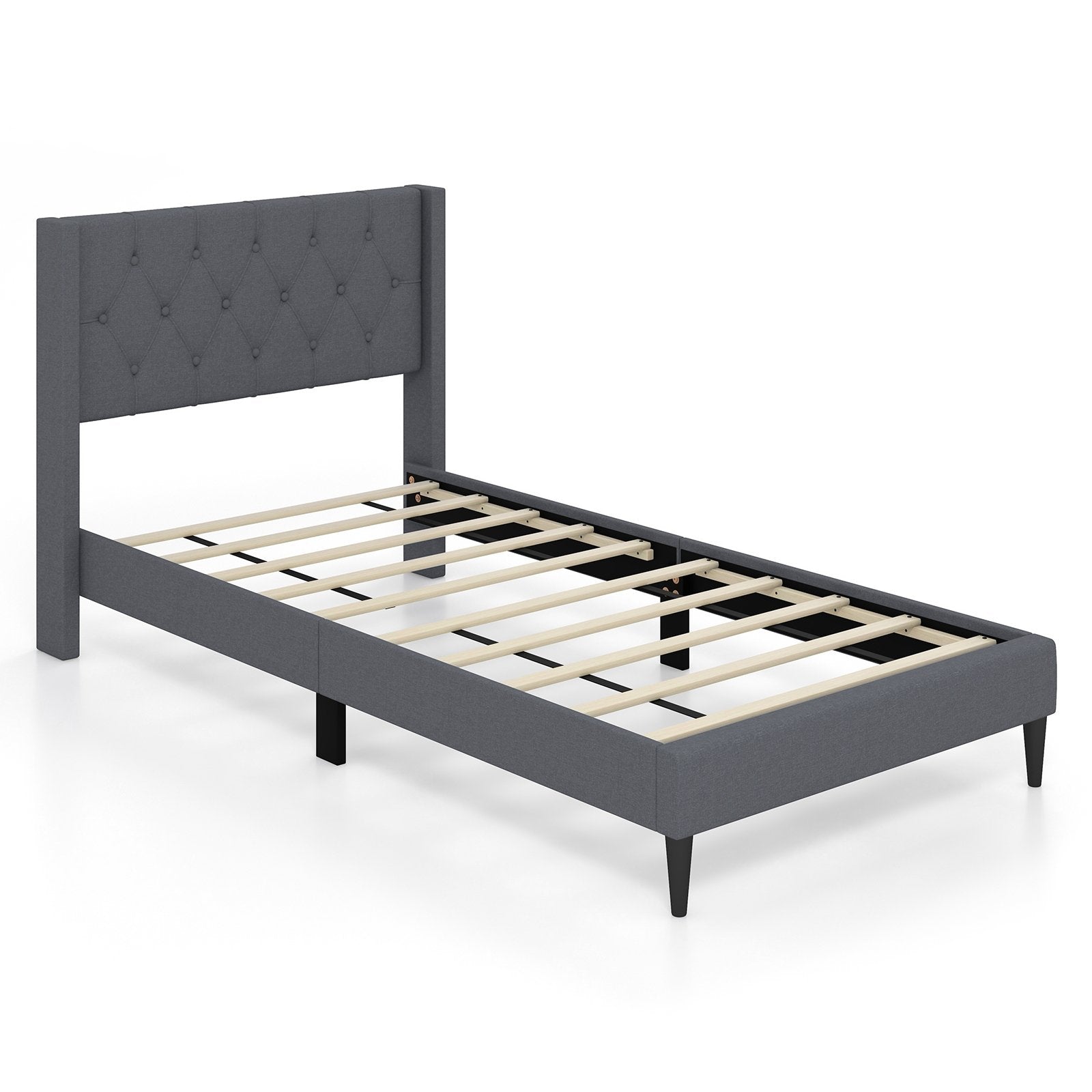 Twin Size Upholstered Platform Bed with Button Tufted Wingback Headboard, Gray Simple Bed Frame   at Gallery Canada