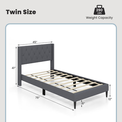 Twin Size Upholstered Platform Bed with Button Tufted Wingback Headboard, Gray Simple Bed Frame   at Gallery Canada