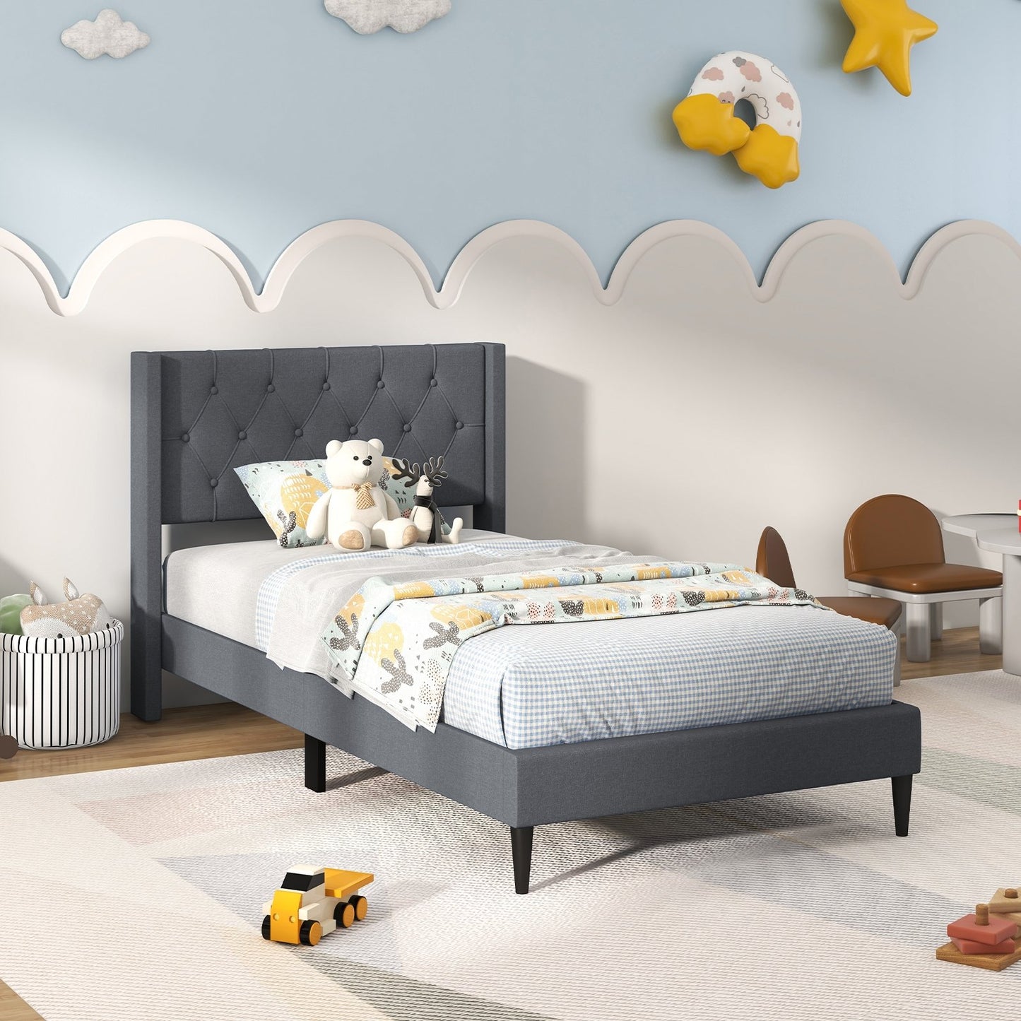 Twin Size Upholstered Platform Bed with Button Tufted Wingback Headboard, Gray Simple Bed Frame   at Gallery Canada