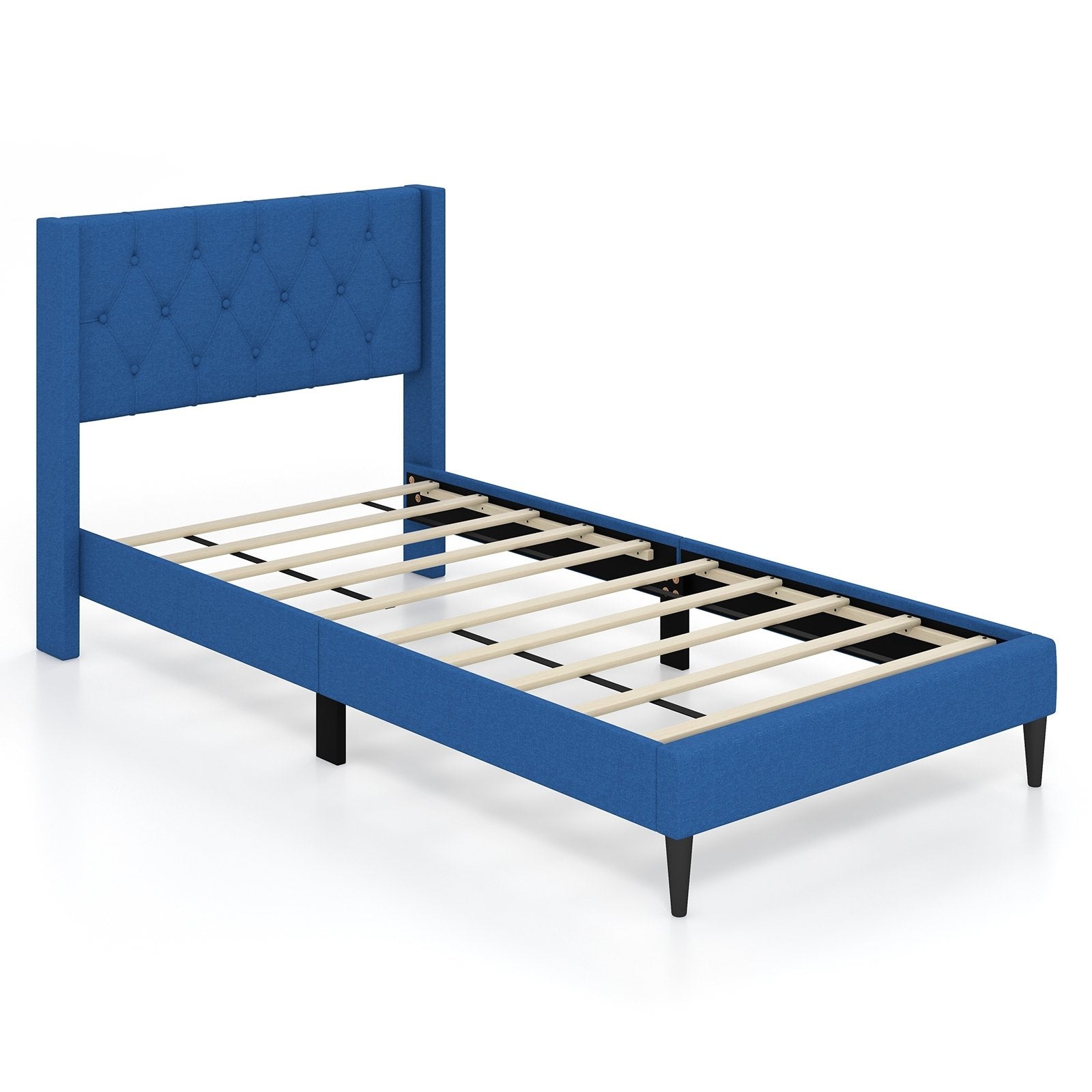 Twin Size Upholstered Platform Bed with Button Tufted Wingback Headboard, Blue Simple Bed Frame   at Gallery Canada