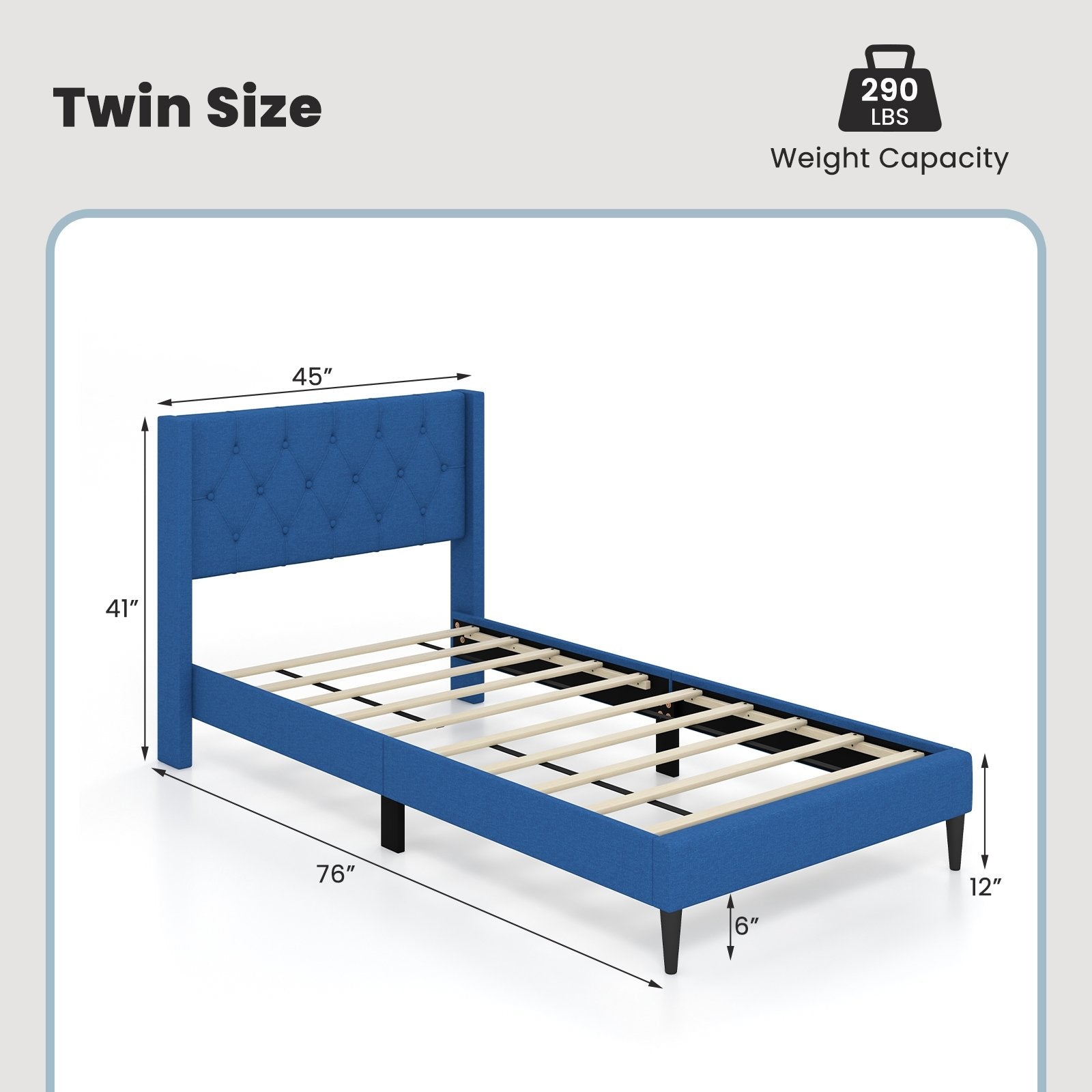 Twin Size Upholstered Platform Bed with Button Tufted Wingback Headboard, Blue Simple Bed Frame   at Gallery Canada