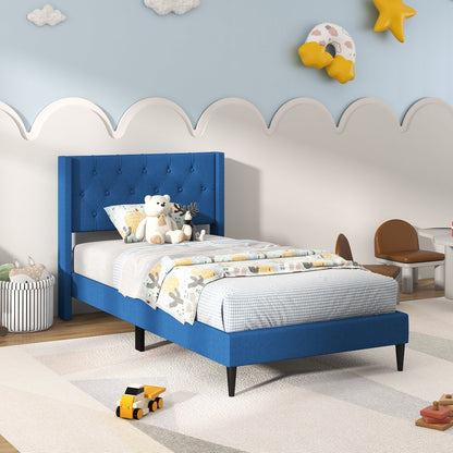 Twin Size Upholstered Platform Bed with Button Tufted Wingback Headboard, Blue Simple Bed Frame   at Gallery Canada