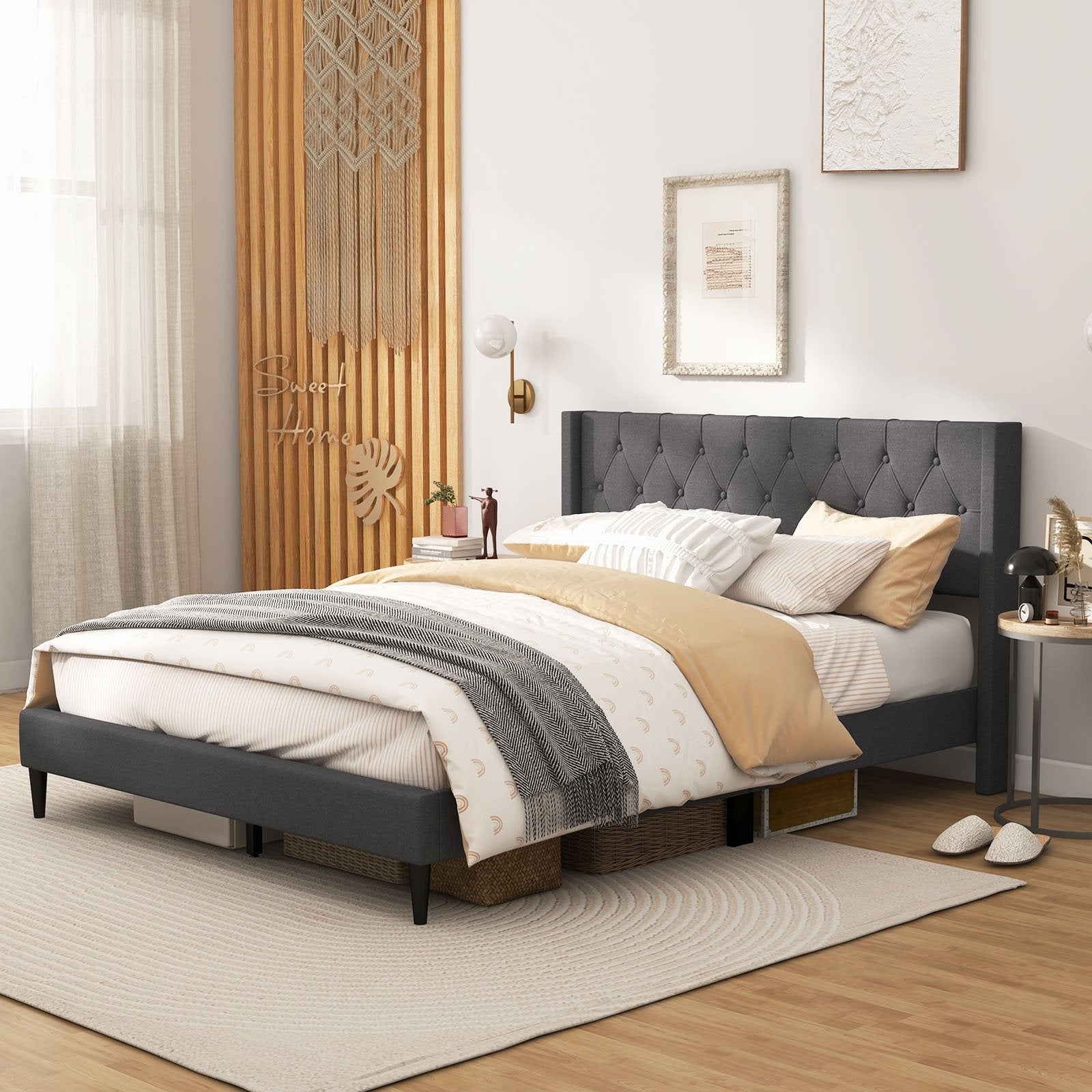 Queen Size Upholstered Platform Bed with Button Tufted Wingback Headboard, Gray Simple Bed Frame   at Gallery Canada