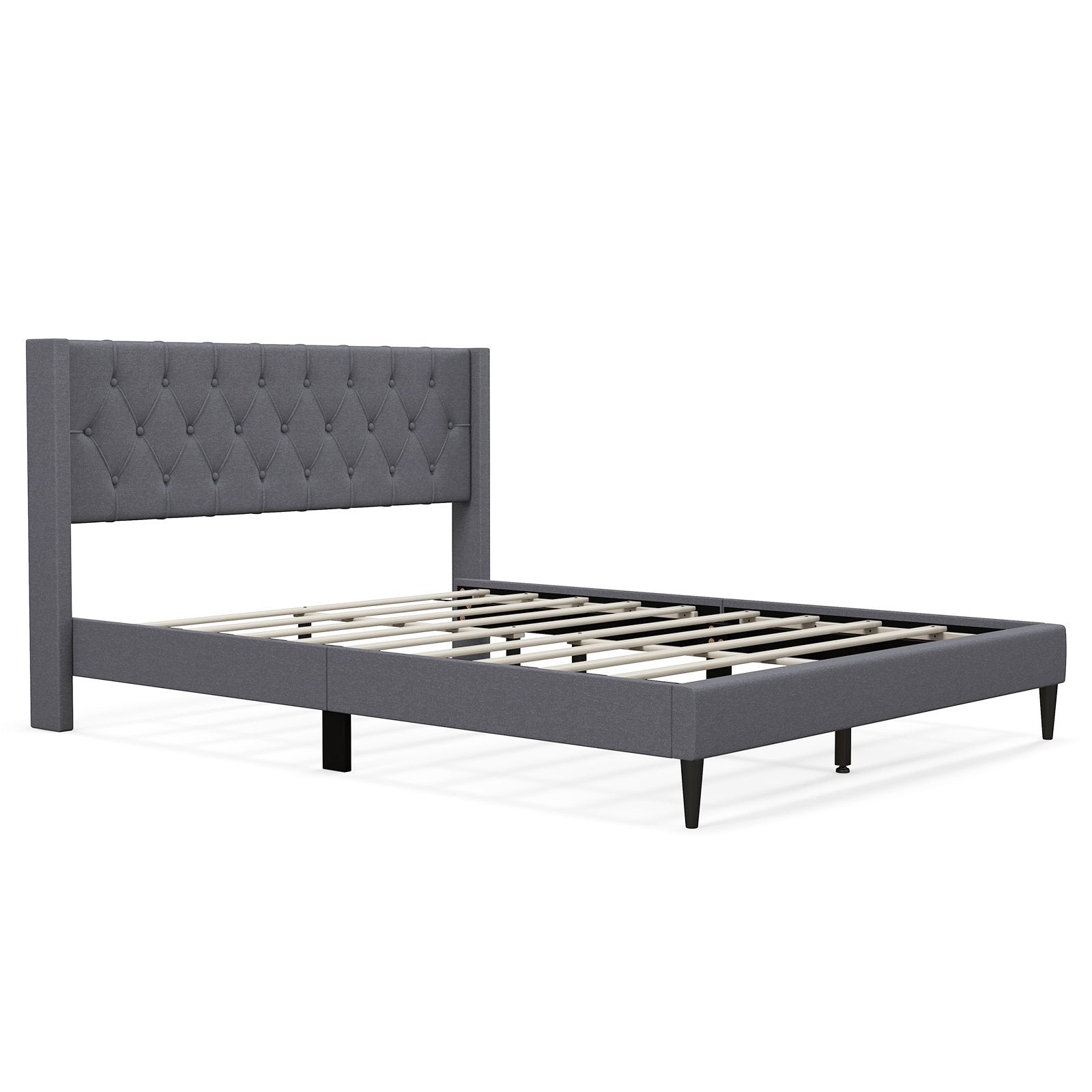 Queen Size Upholstered Platform Bed with Button Tufted Wingback Headboard, Gray Simple Bed Frame   at Gallery Canada