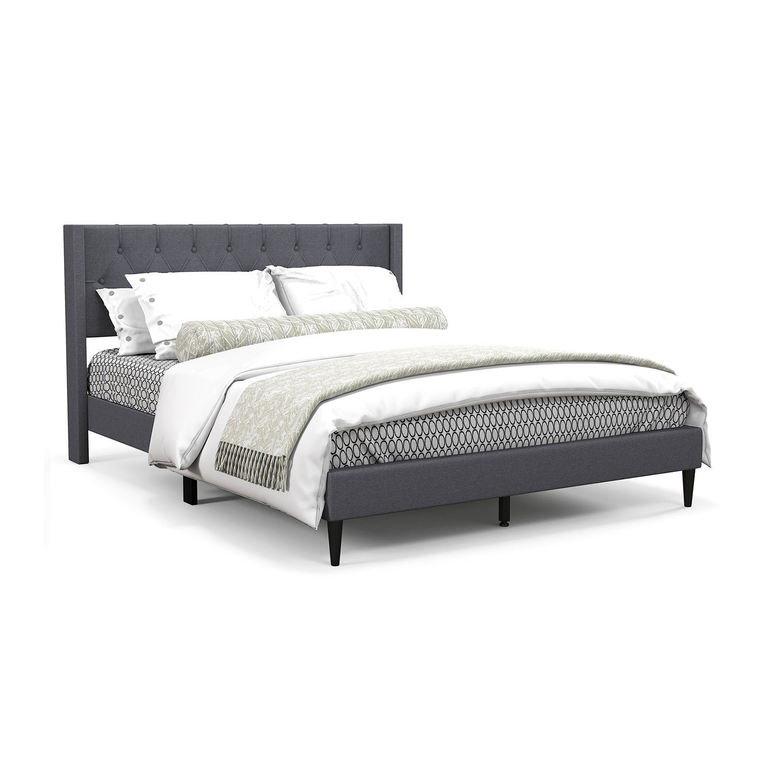 Queen Size Upholstered Platform Bed with Button Tufted Wingback Headboard, Gray Simple Bed Frame   at Gallery Canada