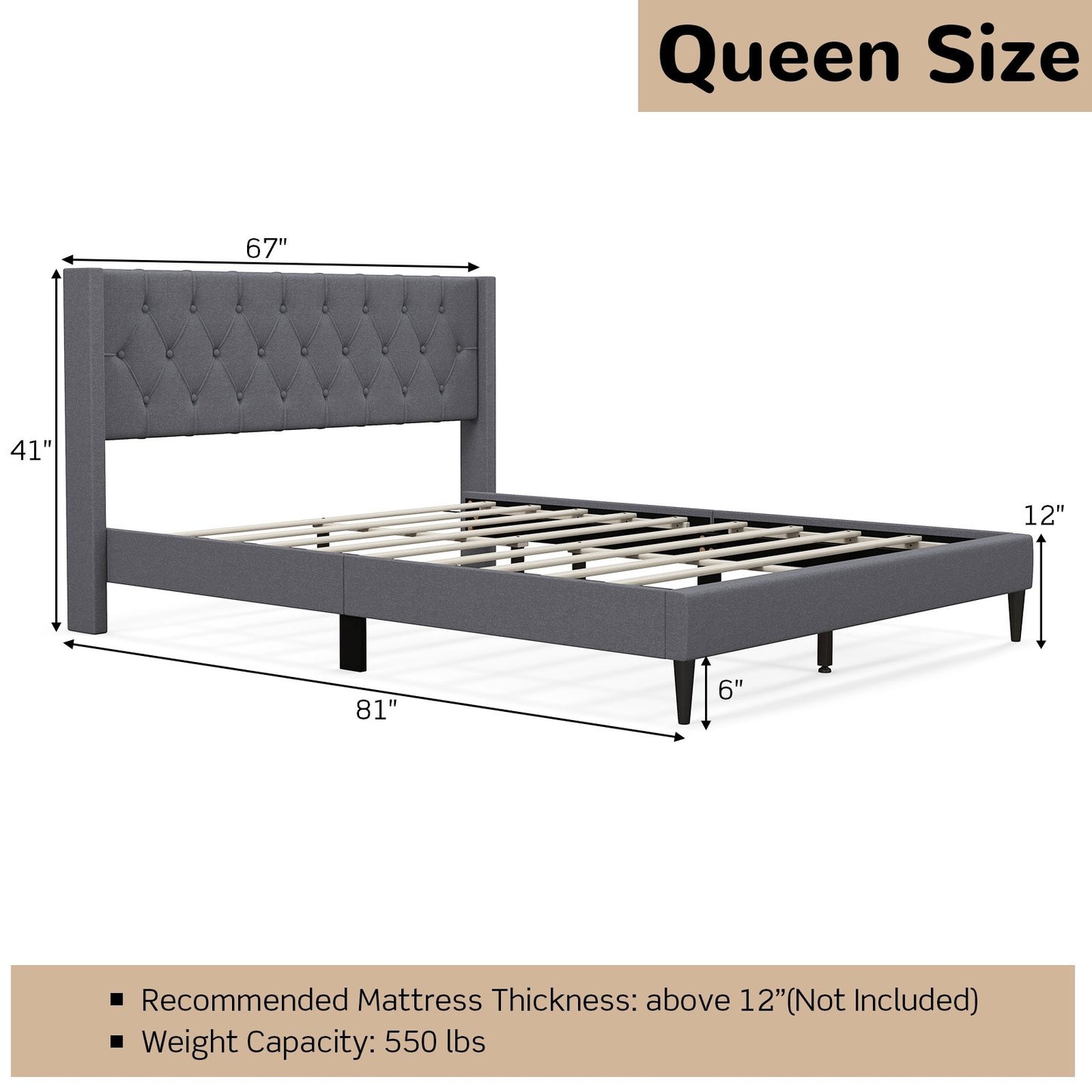 Queen Size Upholstered Platform Bed with Button Tufted Wingback Headboard, Gray - Gallery Canada