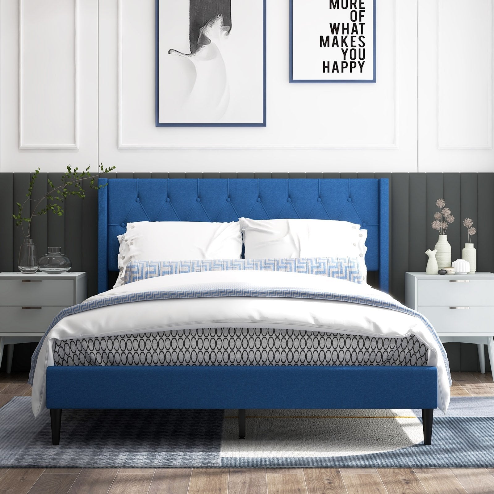 Queen Size Upholstered Platform Bed with Button Tufted Wingback Headboard, Blue Simple Bed Frame   at Gallery Canada