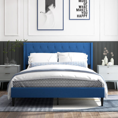 Queen Size Upholstered Platform Bed with Button Tufted Wingback Headboard, Blue