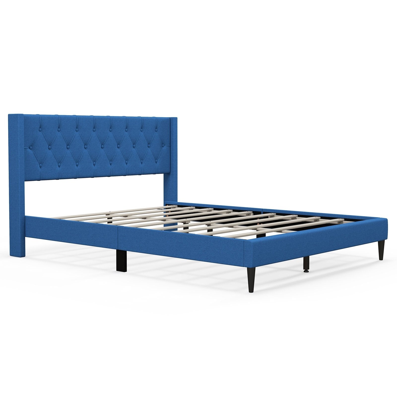 Queen Size Upholstered Platform Bed with Button Tufted Wingback Headboard, Blue Simple Bed Frame   at Gallery Canada