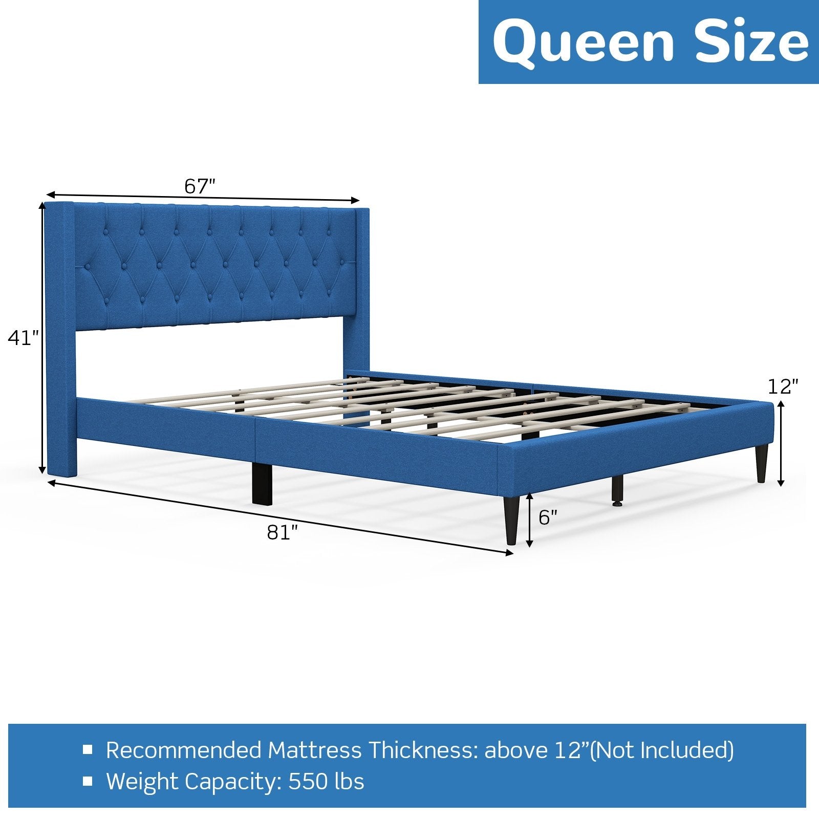 Queen Size Upholstered Platform Bed with Button Tufted Wingback Headboard, Blue Simple Bed Frame   at Gallery Canada