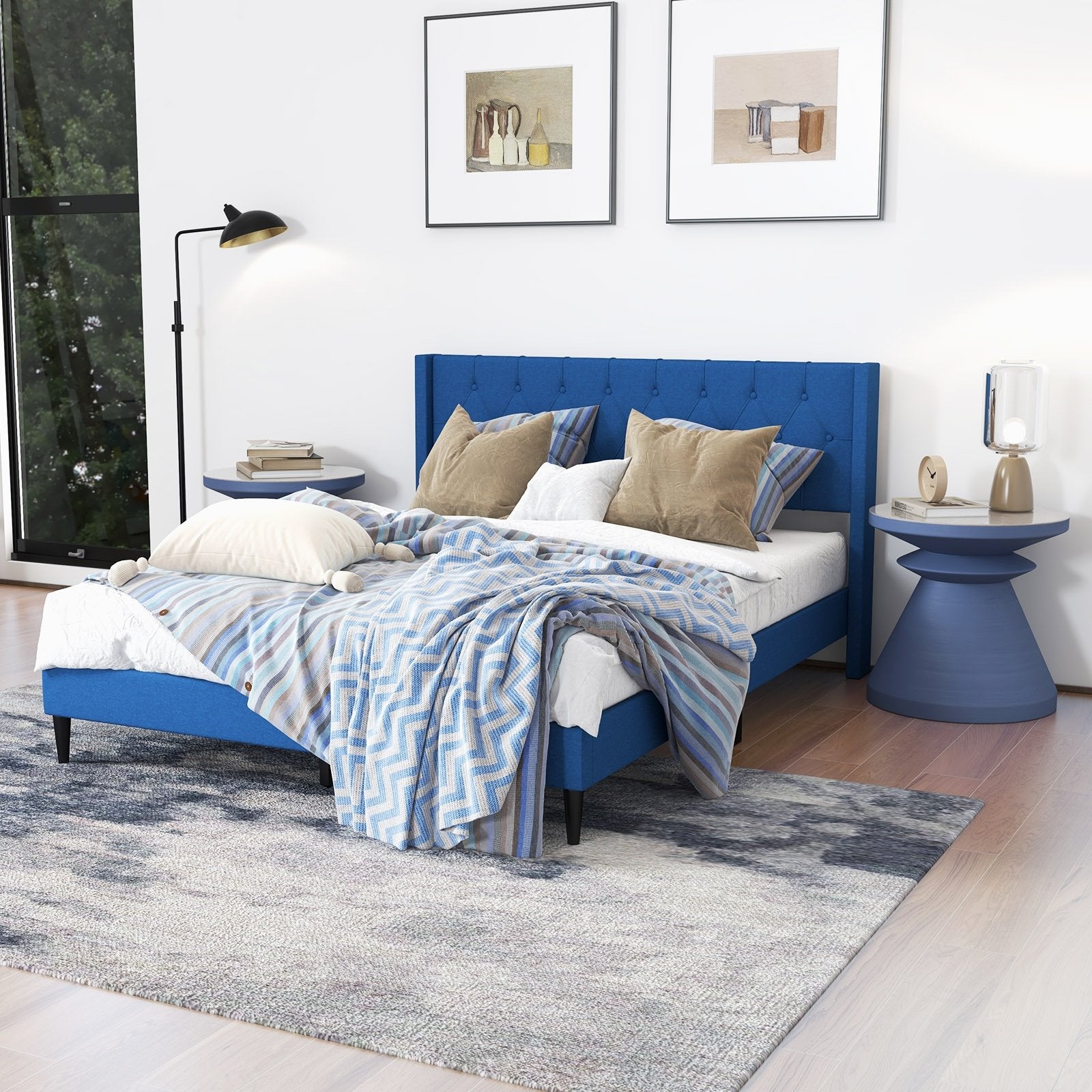 Queen Size Upholstered Platform Bed with Button Tufted Wingback Headboard, Blue Simple Bed Frame   at Gallery Canada