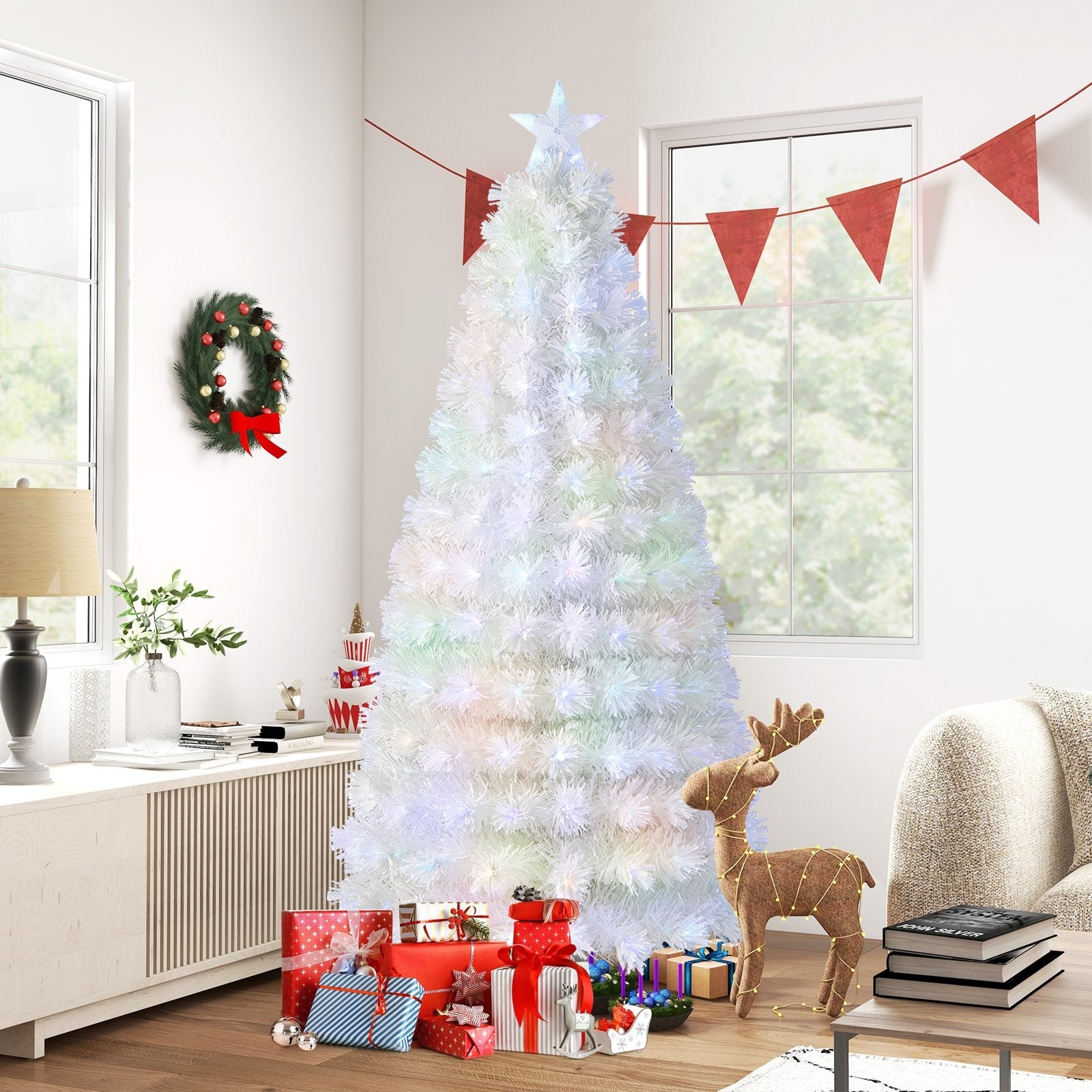 6/7 Feet Pre-Lit Fiber Optic White Snow-Flocked Artificial Christmas Tree-7 ft, White Christmas Tree   at Gallery Canada