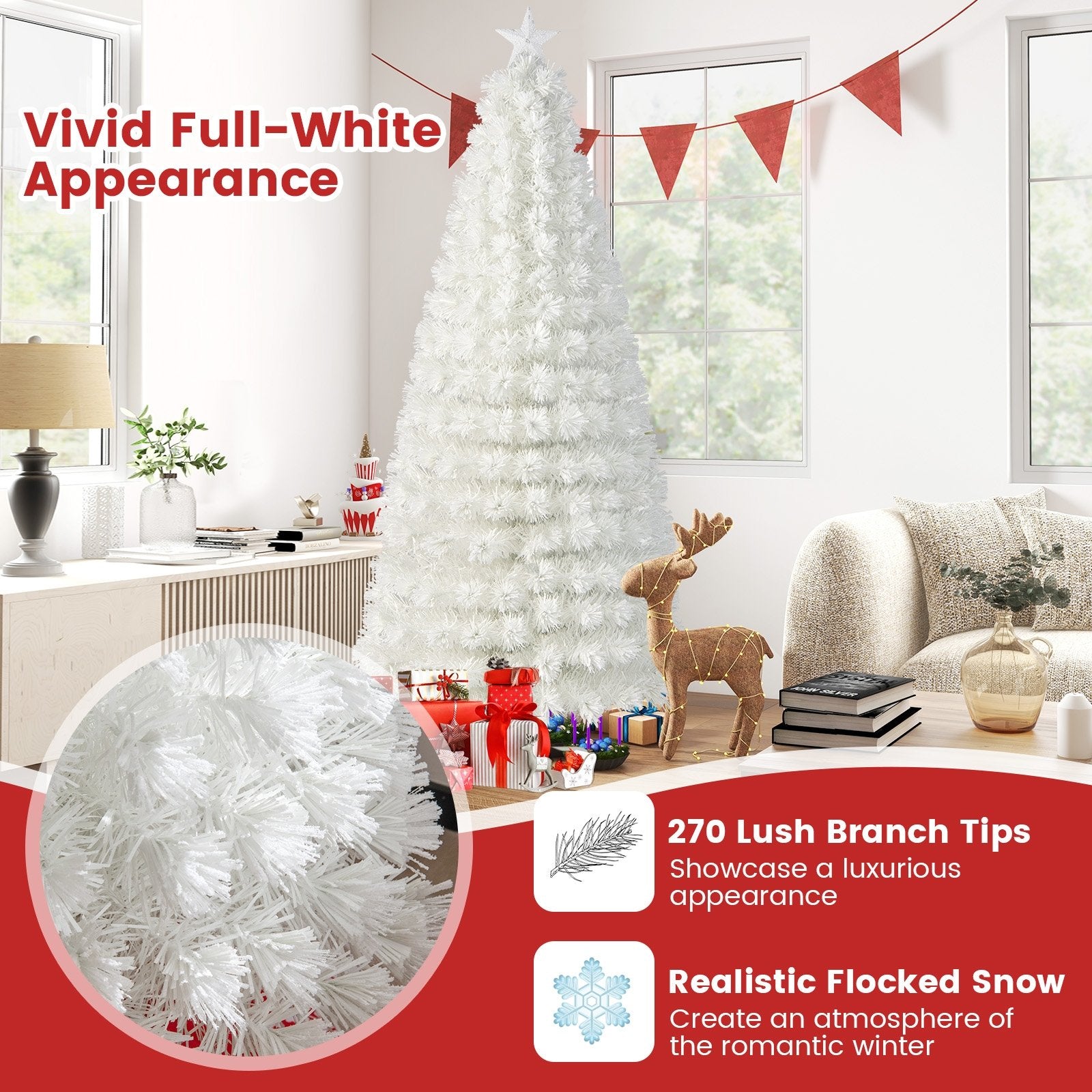 6/7 Feet Pre-Lit Fiber Optic White Snow-Flocked Artificial Christmas Tree-7 ft, White Christmas Tree   at Gallery Canada