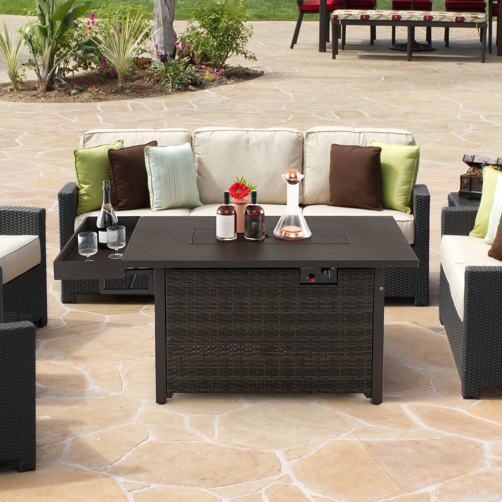 52 Inches Outdoor Wicker Gas Fire Pit Propane Fire Table with Cover, Brown Fire Pit Tables   at Gallery Canada