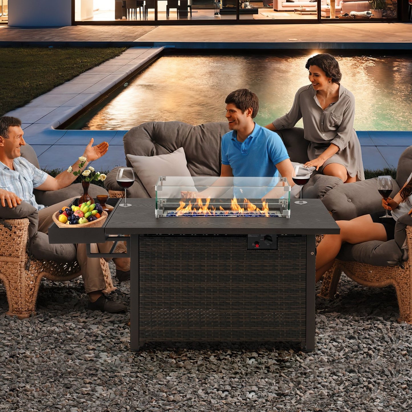 52 Inches Outdoor Wicker Gas Fire Pit Propane Fire Table with Cover, Brown Fire Pit Tables   at Gallery Canada