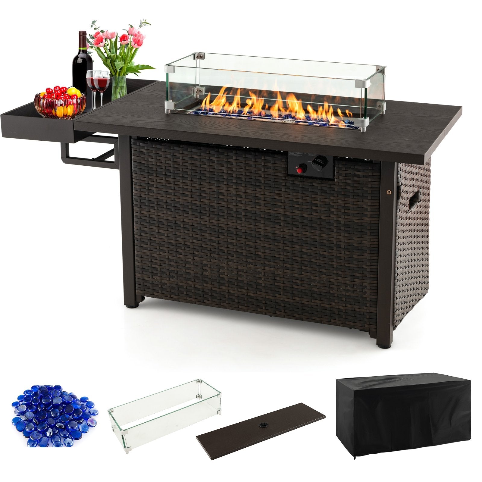 52 Inches Outdoor Wicker Gas Fire Pit Propane Fire Table with Cover, Brown Fire Pit Tables   at Gallery Canada